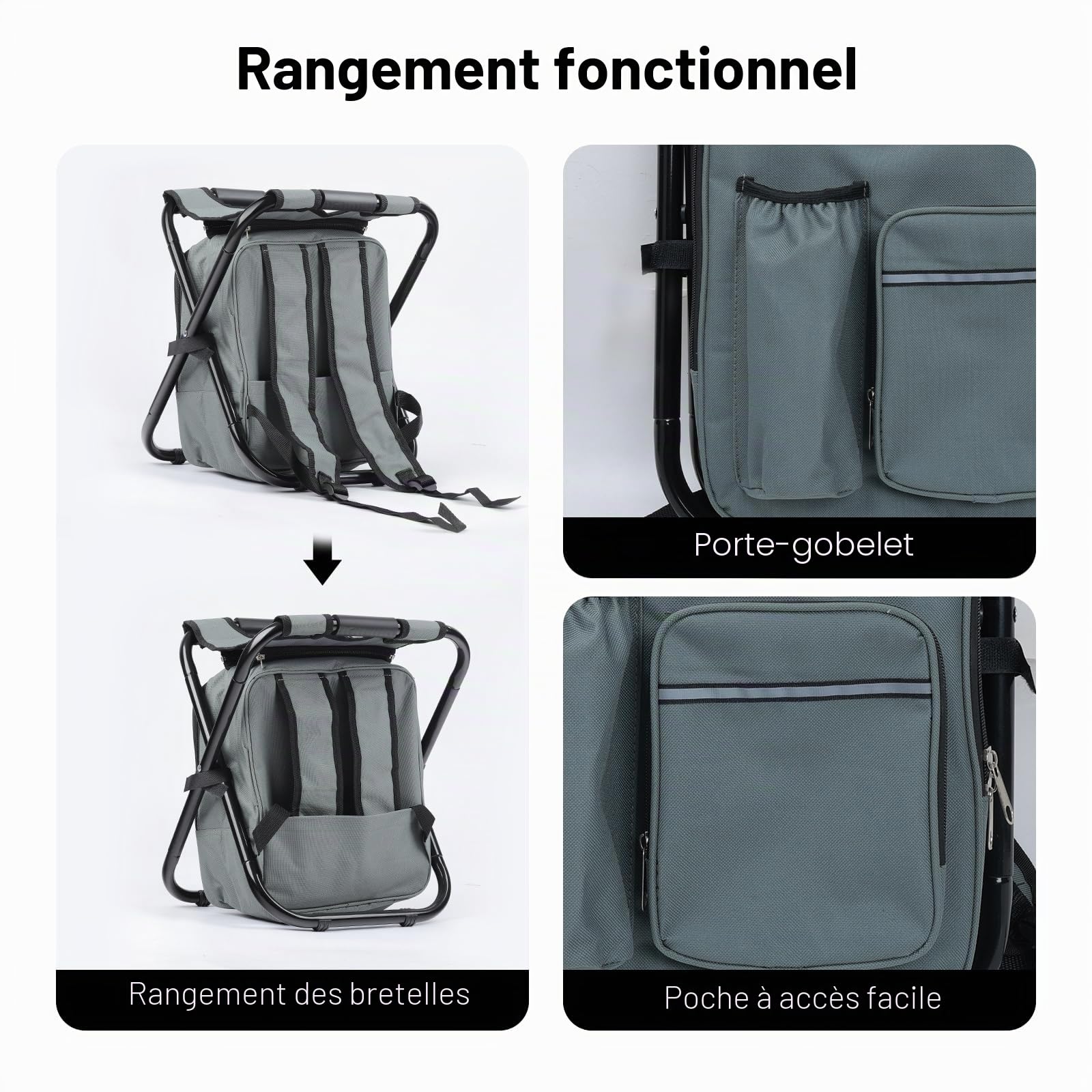 40CM Tabouret Pliable Camping avec Poche de Glacière Amovible, Siege de Peche avec Sac à Dos, Compact et Fonctionnel, Chaise Pliante pour Chasse Pique-Nique, Gris