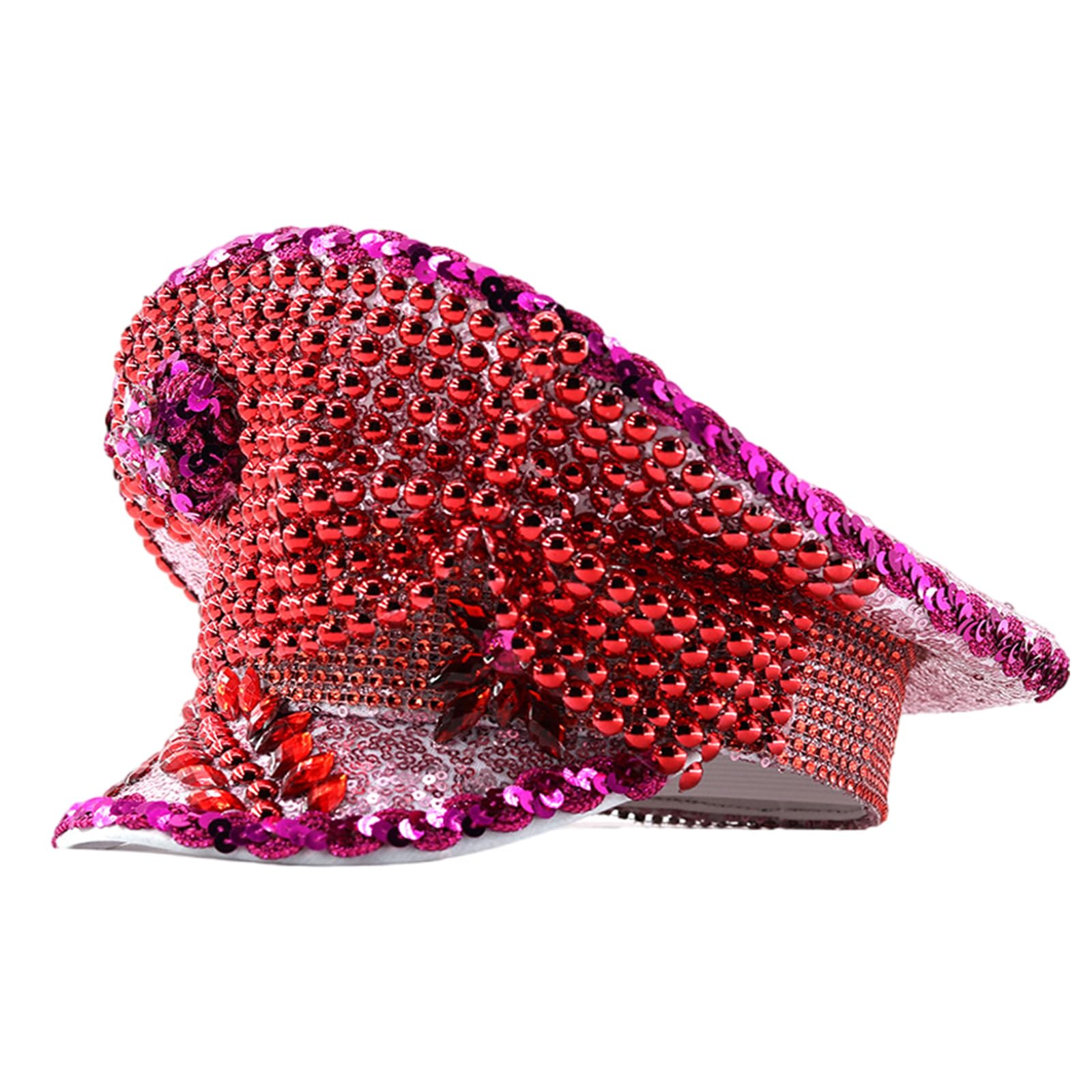 Cappello tempestato di perle di strass per donne cappelli per feste di compleanno cappello blingbling per spettacoli teatrali fotografia copricapo cappello piatto con perle rosse e diamanti