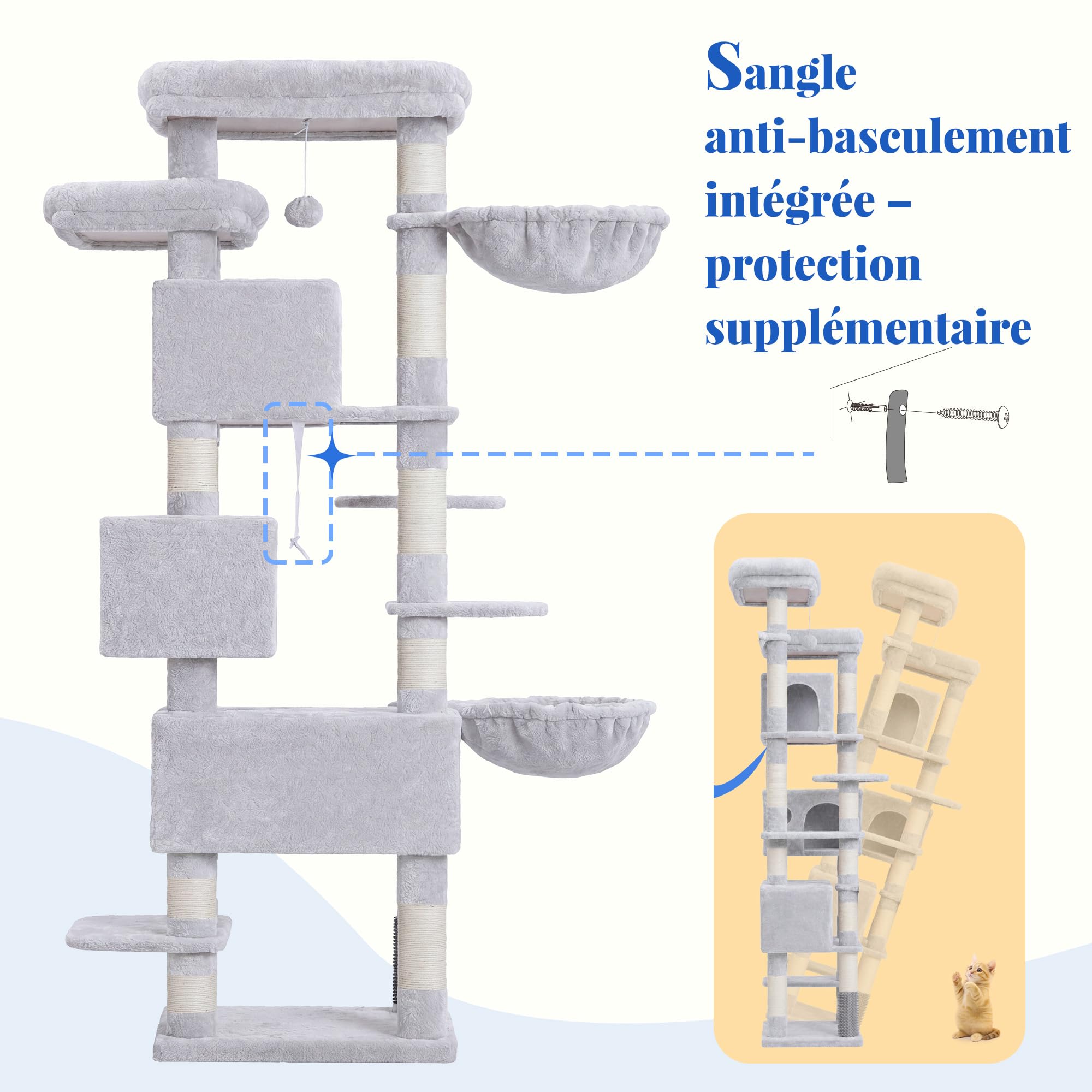 Hey-brother Arbre à Chat XXL, Arbre pour Chats Multi-Niveaux de 188 cm de Haut, équipé de 2 Grandes Plateformes, 3 Trous, 2 Paniers, des Colonnes de Sisal pour Griffer, Gris 0EMPJ035-MW