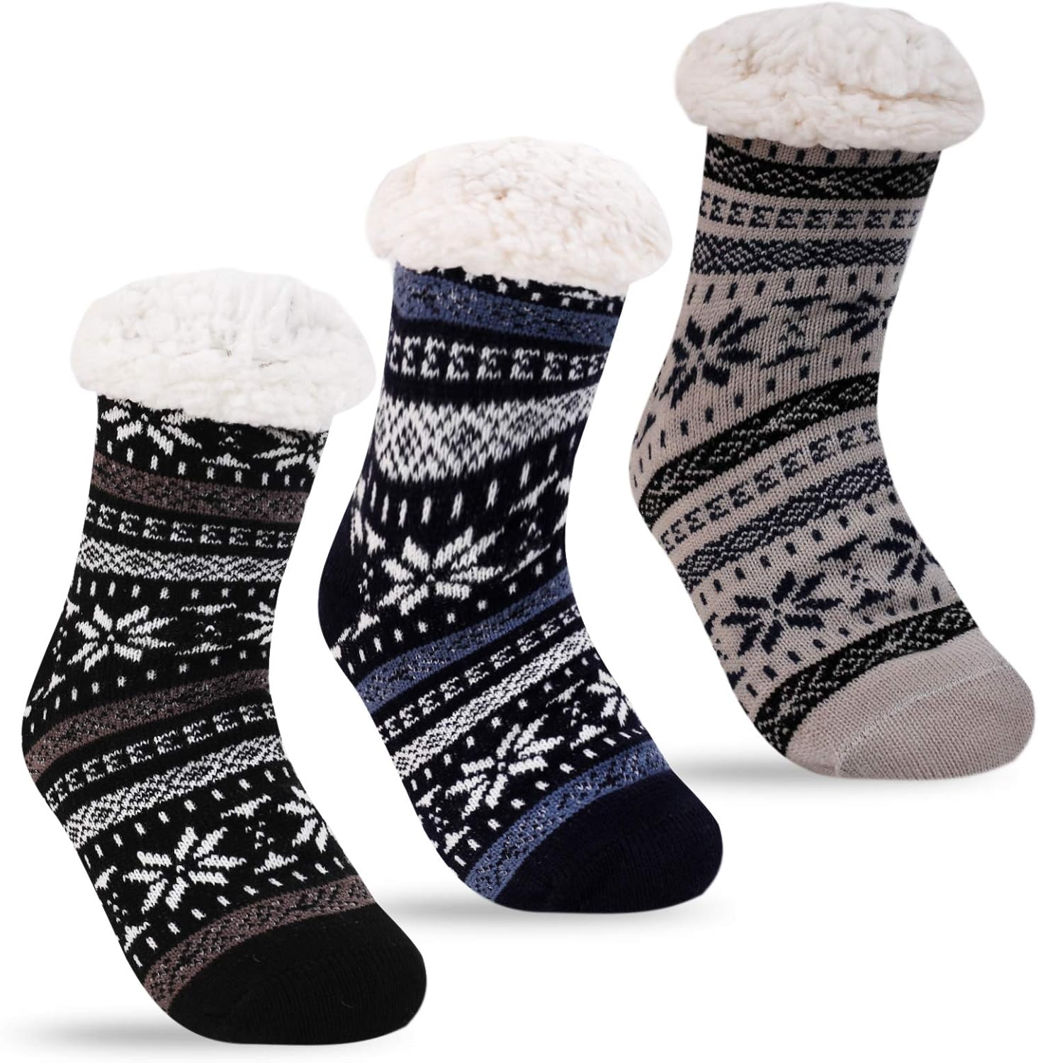 3 Pairs Fuzzy Slipper Socks for Women Men, Winter Warm Soft Fleece Lined Non Skid
