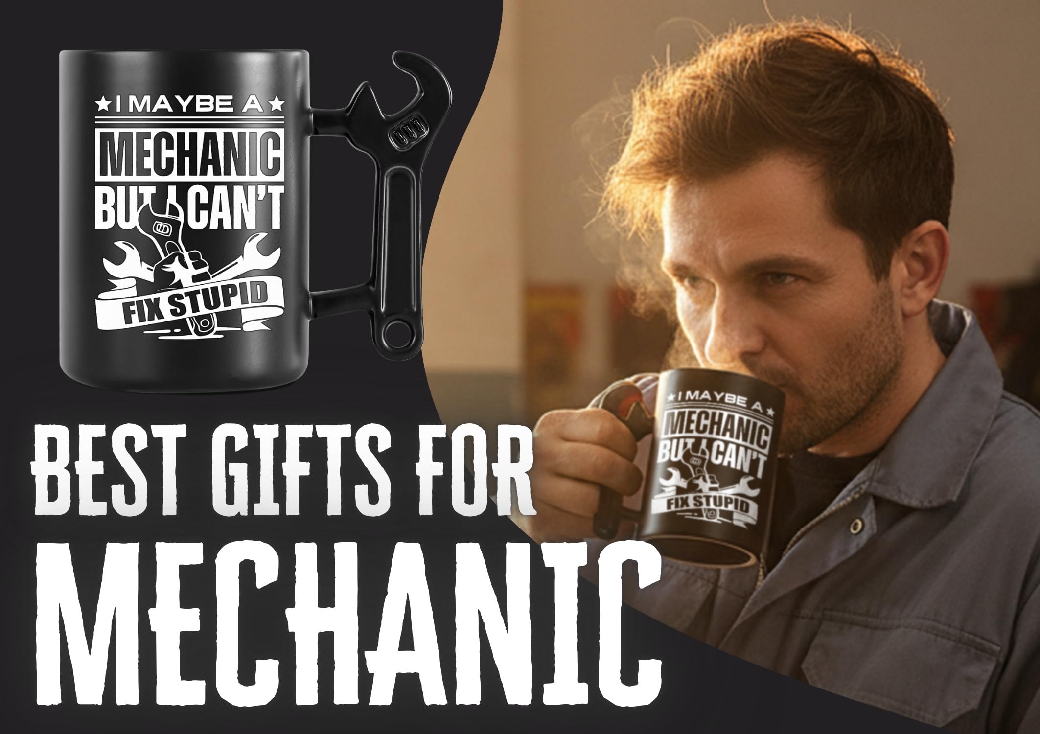 Onebttl Mechanic Gifts Wrench Coffee Mug, Mechanic Gift, 13.5oz/400ml Funny Ceramic Mug for Christmas, Father's Day, Fix Stupid