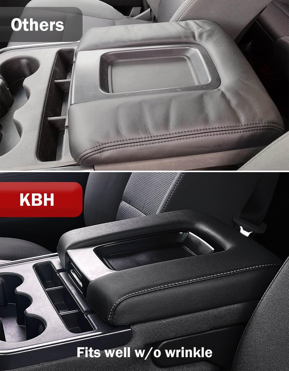 KBH Auto Center Console Armrest Cover Replacement for Chevrolet Silverado & GMC Sierra 1500 2500 3500 2014-2018, Vinyl Leather Middle Console Lid Upholstery, Split Bench Jump Seat (Black-Gray Stitch)