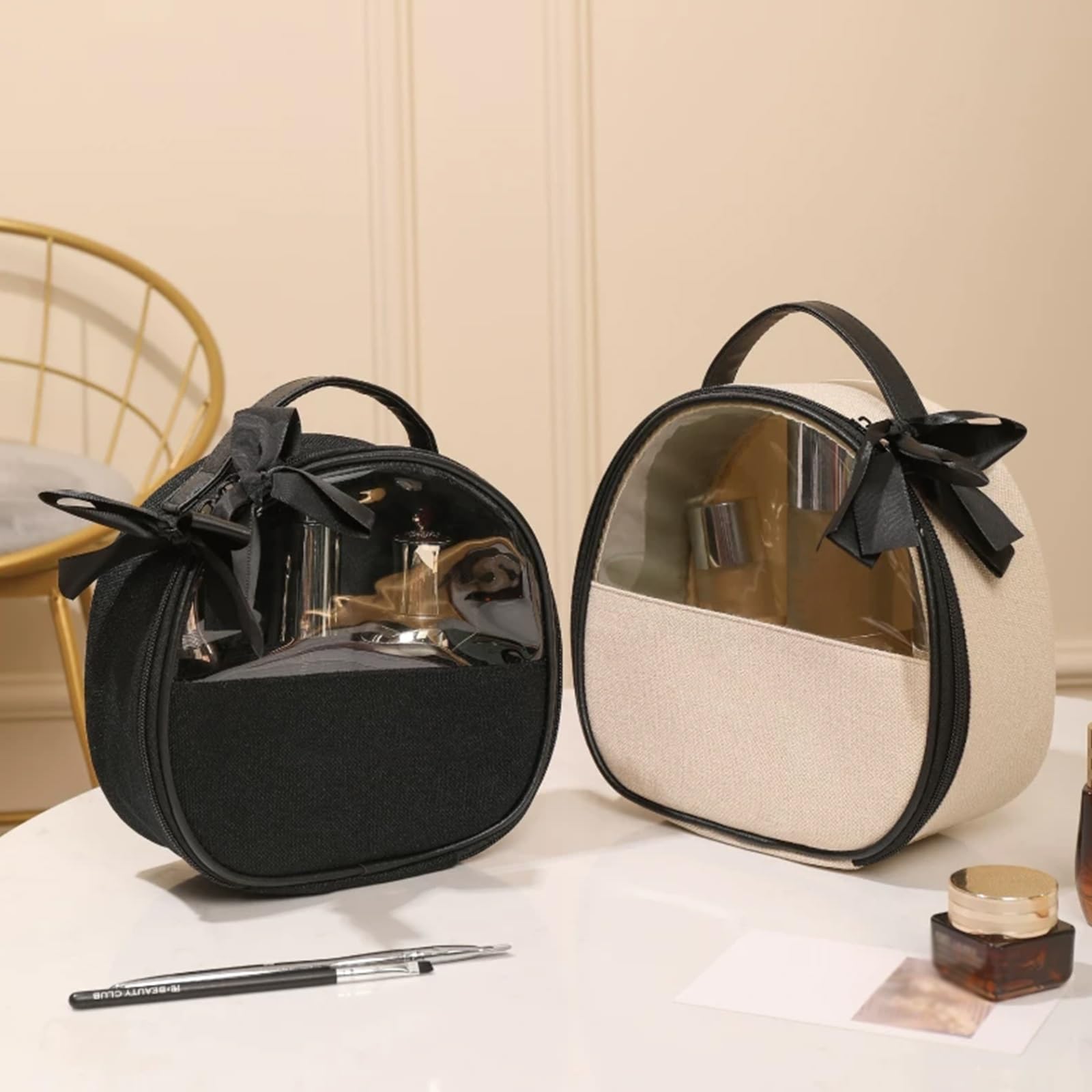 Borse da Valigia Trasparente, Beauty Case da Viaggio, Buste Trasparenti per Cosmetici Fiocco, Lusso Leggero Semplicità, Guscio Rigido 3D, Lavorazione Squisita, Benda Integrata(Black)