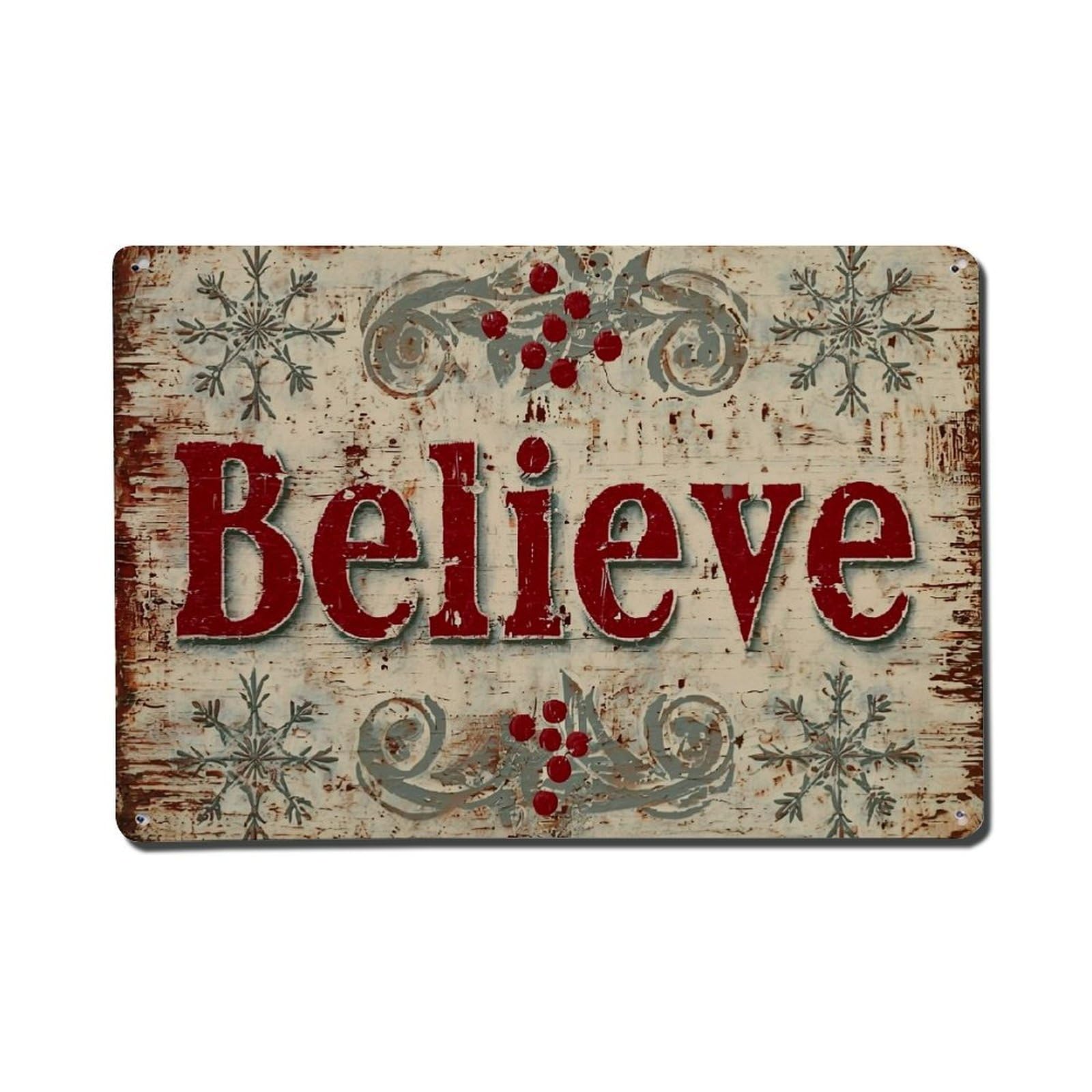 Believe Snowflake Berry Vine Pattern Retro Metal Tin Sign, Vintage Decor Art Poster for Bar, Home, Man Cave, Kitchen, Laundry Room Gift 8x12Inch