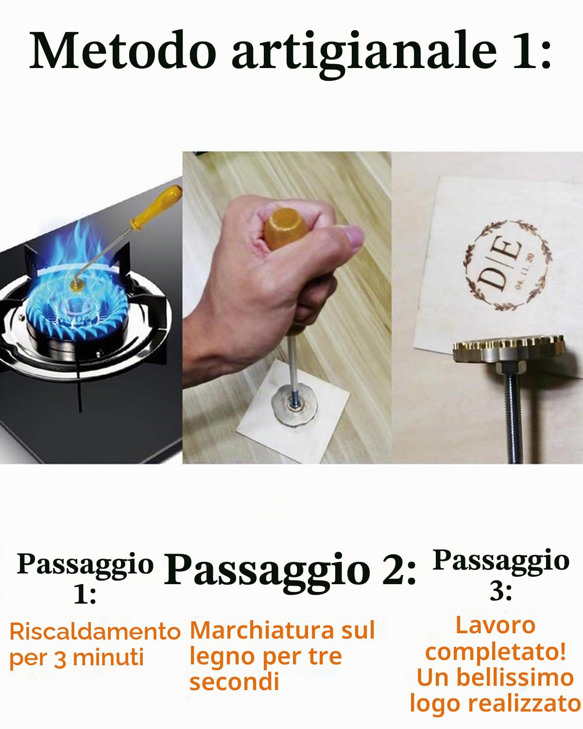 Timbro a caldo personalizzato con manico per alimenti in pelle di cocco, timbro termico per design artigianale (2,54 cm)