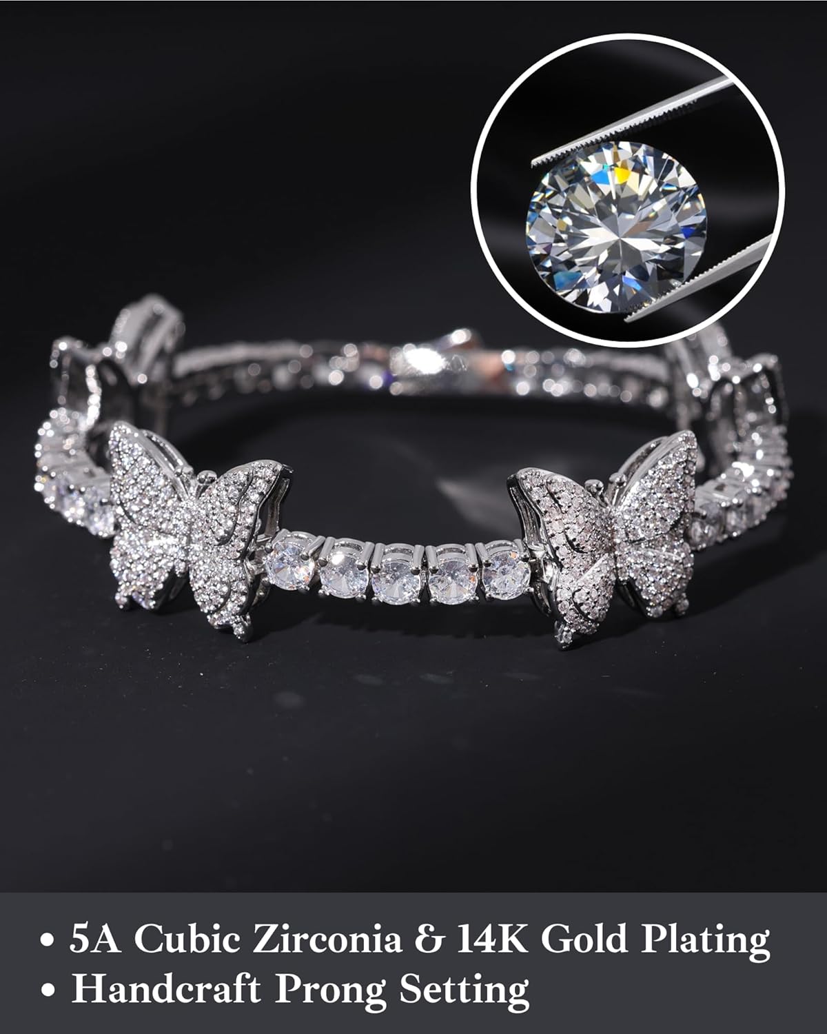 LuxeFlex Iced Out 4mm Butterly Flower Tennis Bracelet Party Accessories Gift, Unisex White Gold Plated Sparkling big 5A Cubic Zirconia Shiny Women Luxury Jewelry