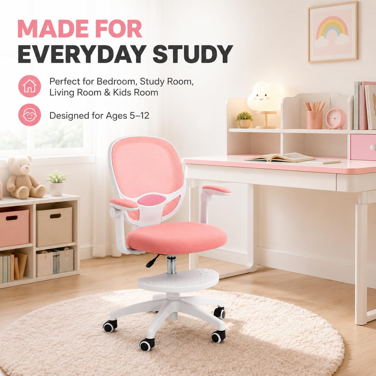 Sedia da scrivania per bambini, regolabile in altezza, 50 kg, rosa | rete, schiuma, forma a sella, pieghevole a 90°, 50 kg, ruote a gravità, girevole a 360°, seduta da 10 cm + poggiapiedi, 5-13J