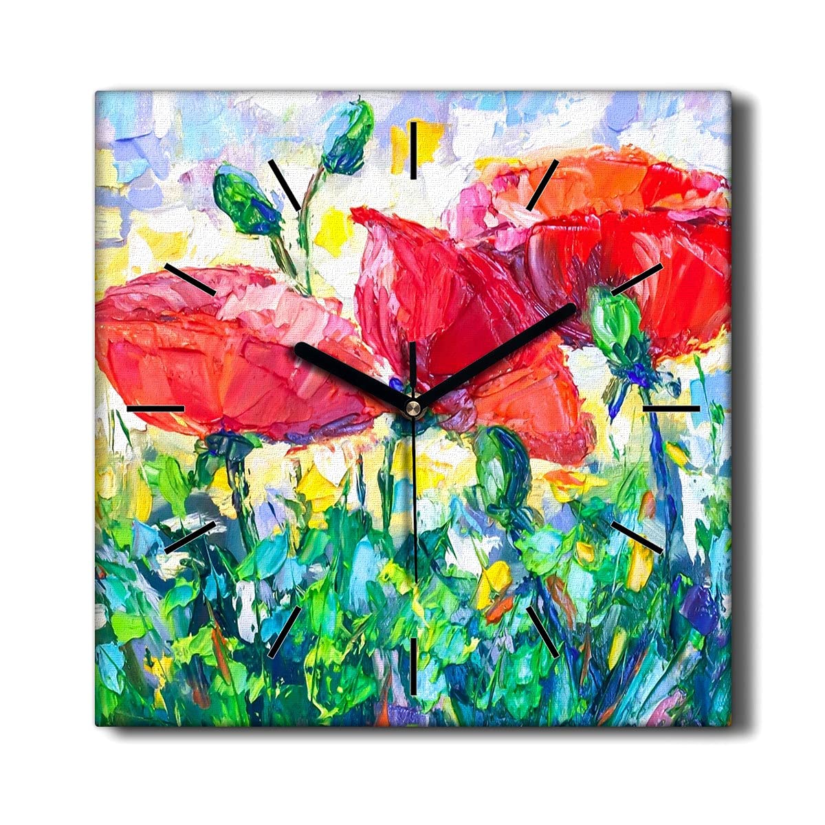Horloge Murale sans tic-tac Salon Toile 30x30cm Décoration Pavot Peint