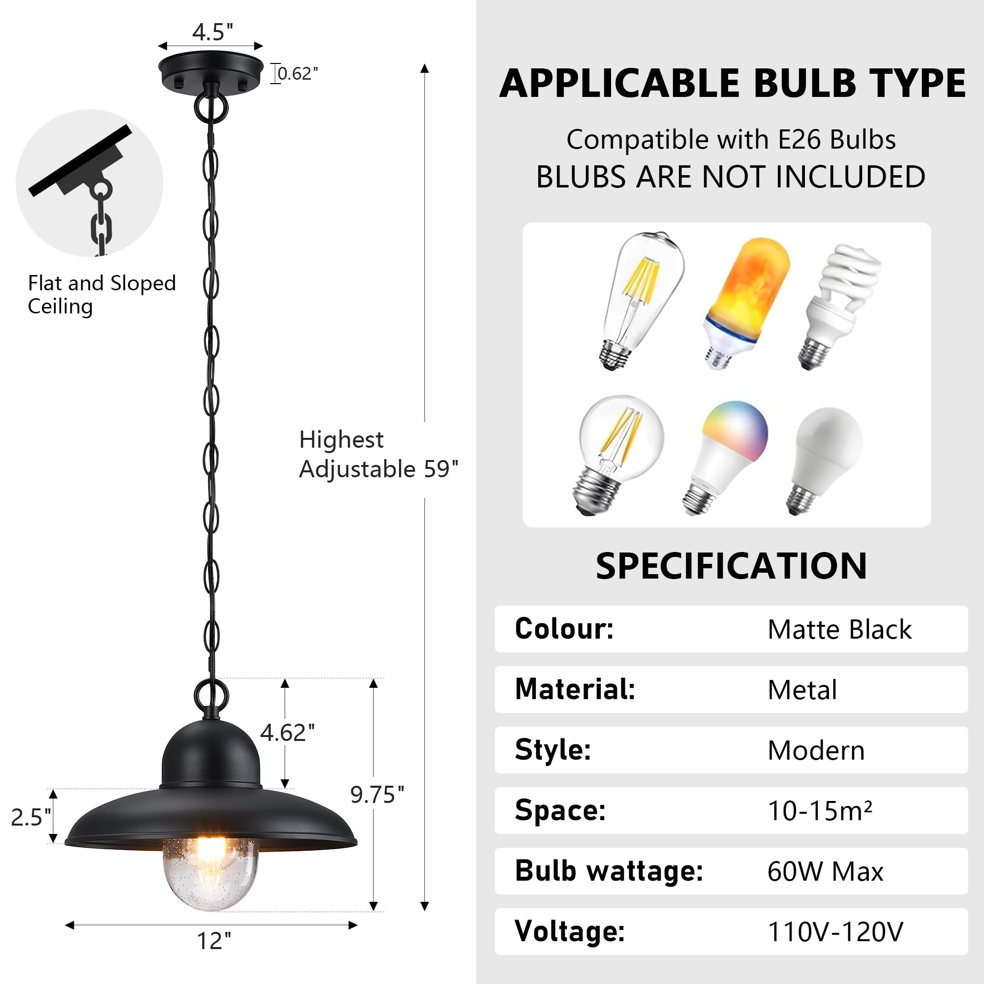 DD064-1-BK - Lámpara colgante para exteriores de 12 pulgadas, con cadena ajustable, luz negra de montaje en techo con cristal de burbujas para puerta delantera, entrada y cenador, DD064-1-BK 6