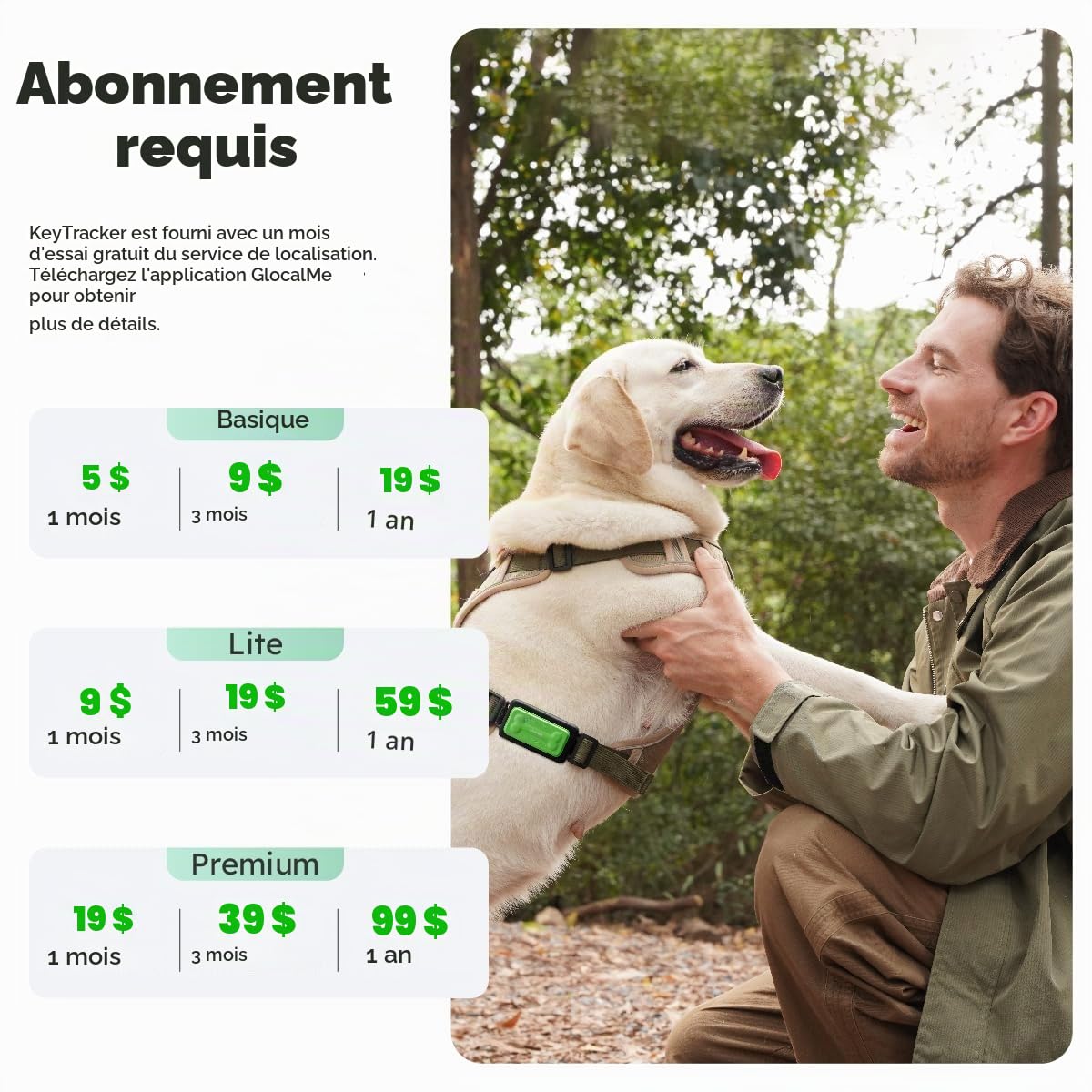 GlocalMe Tracker GPS pour chien avec 6 techniques de localisation, tracker intelligent 4G LTE, suivi en direct et historique des positions, design adapté