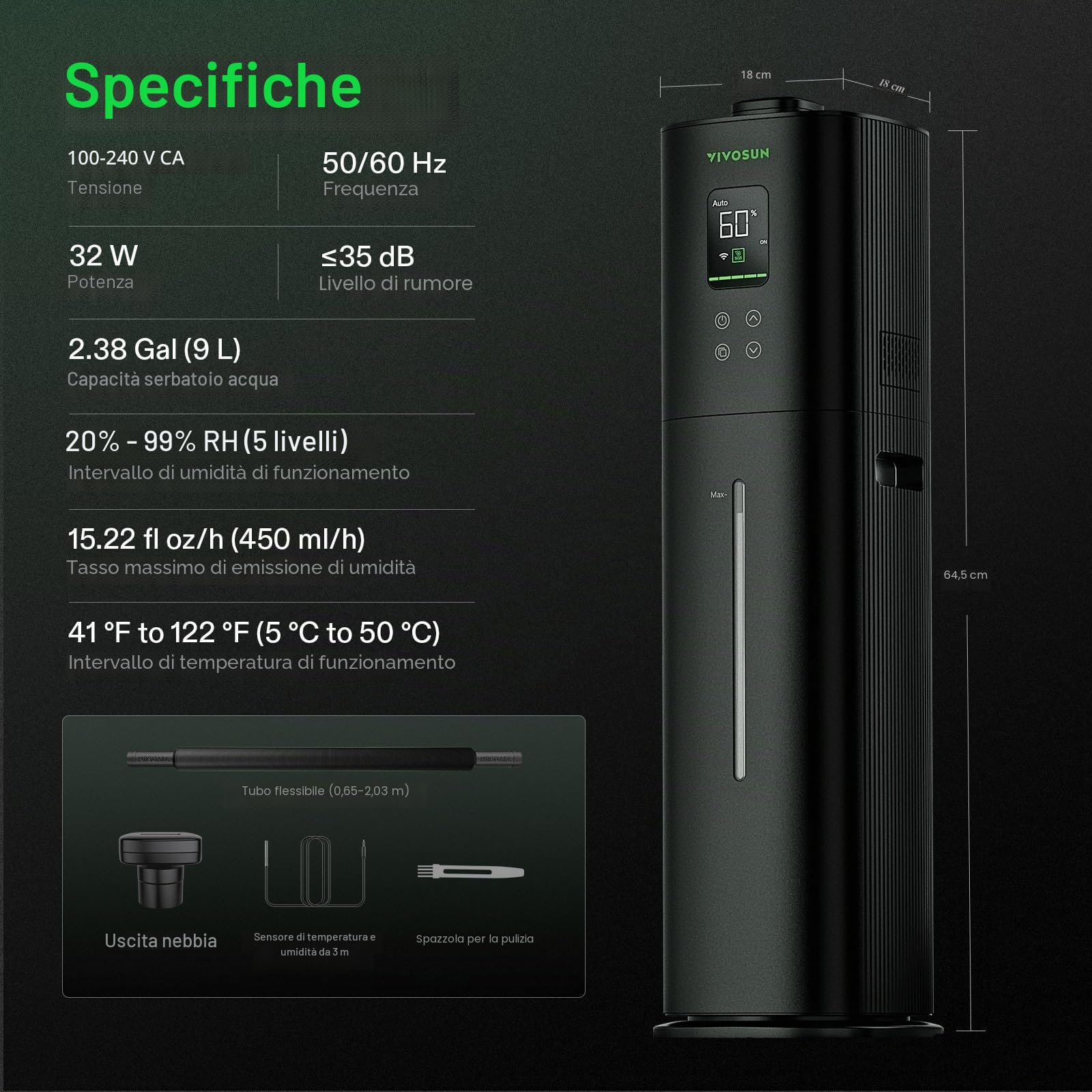 VIVOSUN Umidificatore per Piante 9L Smart Humidifier AeroStream H09 24dB Silenzioso Nebbia Fredda 360° 60h Fill Ultrasuoni per Tenda da Coltivazione
