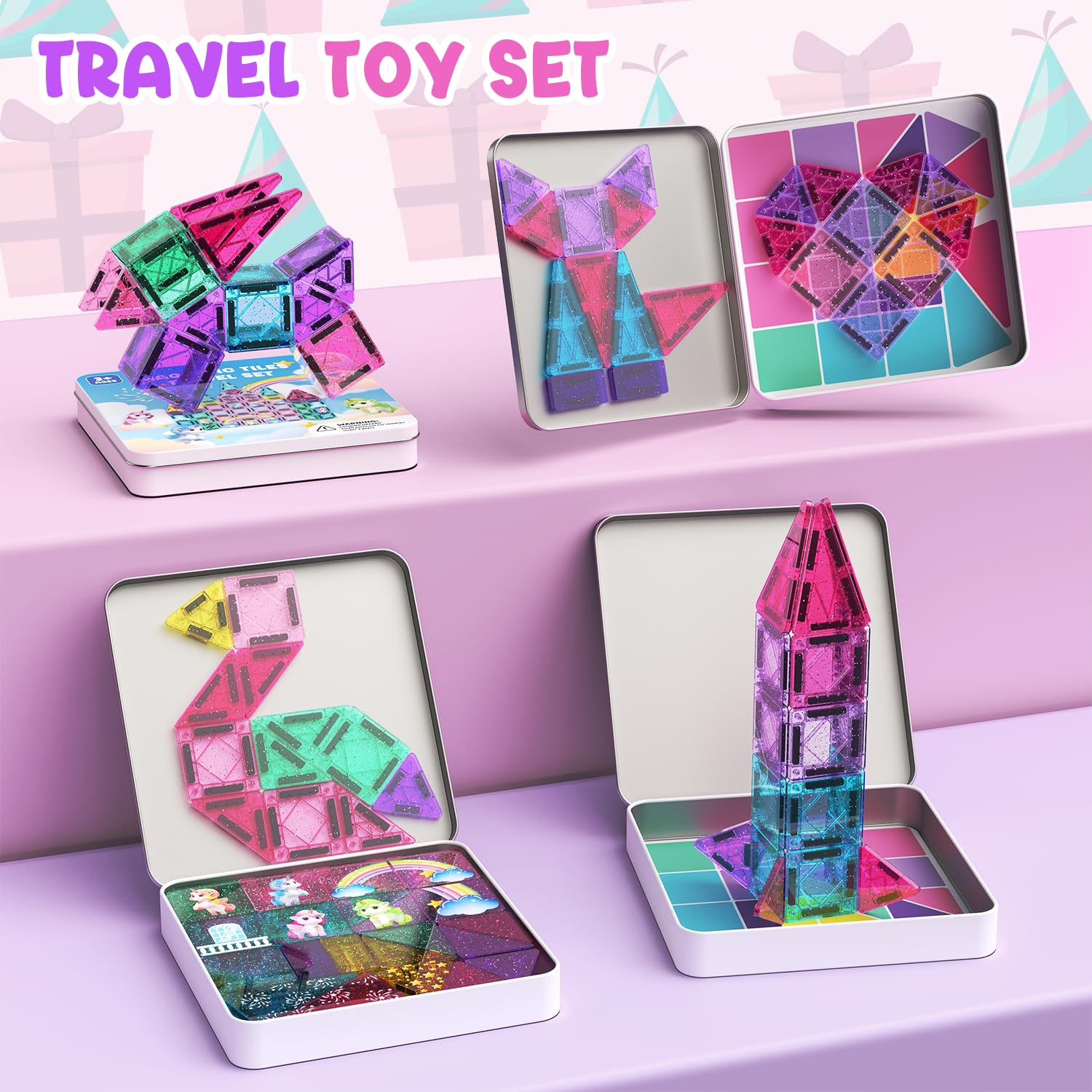 ACELIFE Magnetische Bausteine 60 Teile, Einhorn Magnetspielzeug, Montessori Reiseset Spielzeug Tragbare STEM Bausteine, Mini Magnetische Fliesen für Jungen & Mädchen 3 4 5 6 7 8 Jahren