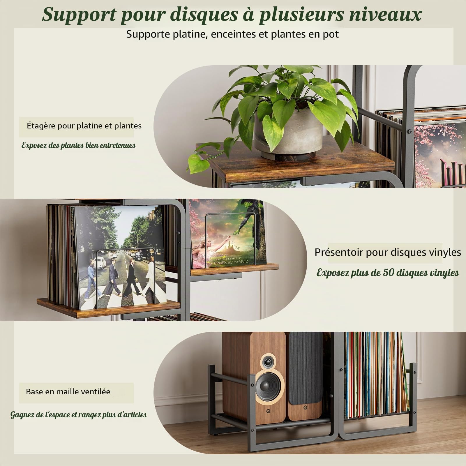 Bikoney Meuble Tourne-Disque Style Vintage avec Grand Rangement Vinyles, Support Platine Vinyle Inspiré Jardinière, Étagère LP et Présentoir Albums pour Salon, Chambre et Petits Espaces