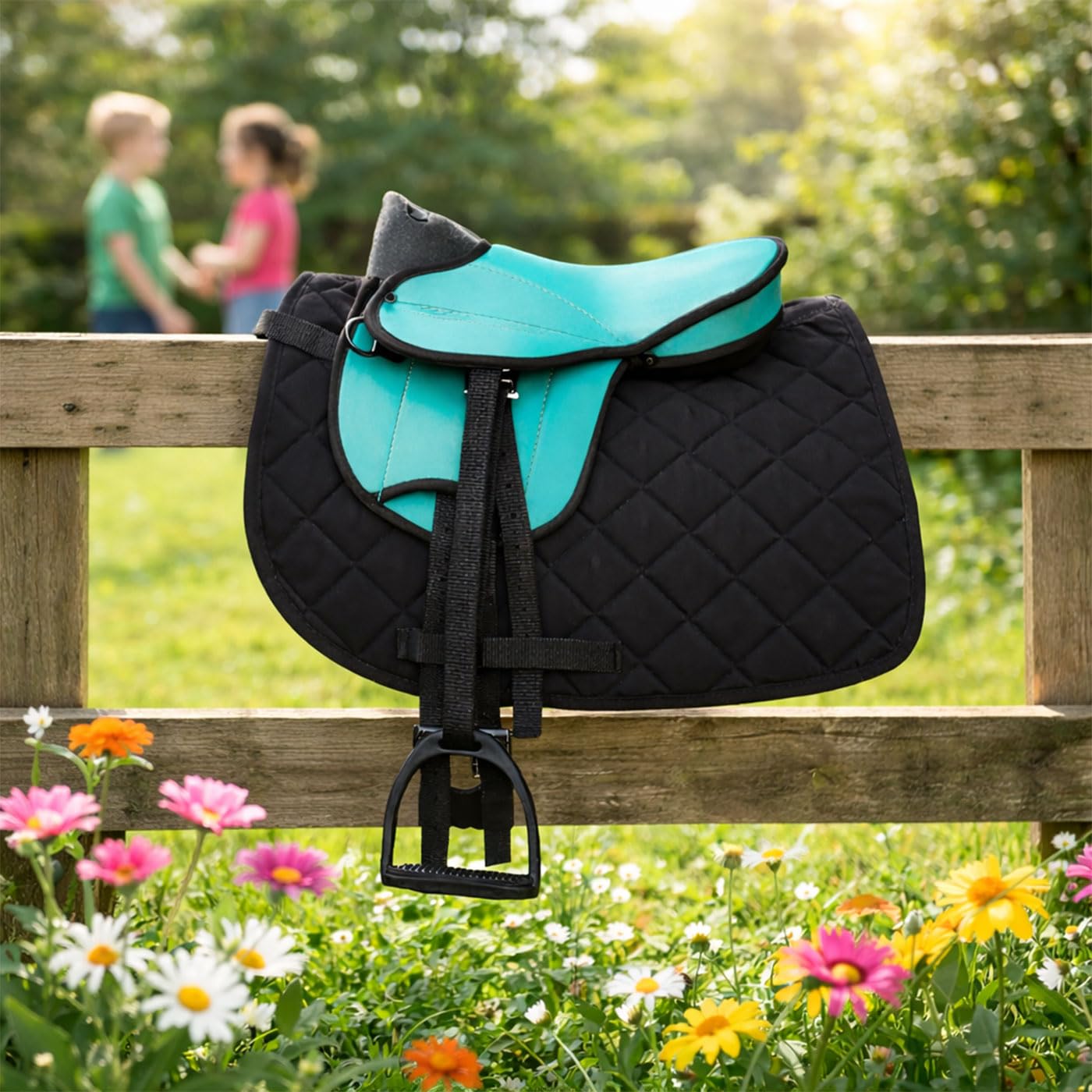 My Happy Pony Brama West Ensemble de selle pour cheval en bois | Selle pour shetty, cheval en bois et cheval en peluche | avec tapis de selle, sangle, étriers et étrivières (Turquoise/Noir)