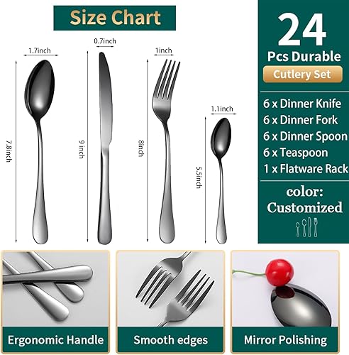 Miniatura 6 de Juego de cubiertos, juego de cubiertos dorados de 24 piezas con soporte, juego de utensilios de acero inoxidable colgantes para 6, juego de vajilla