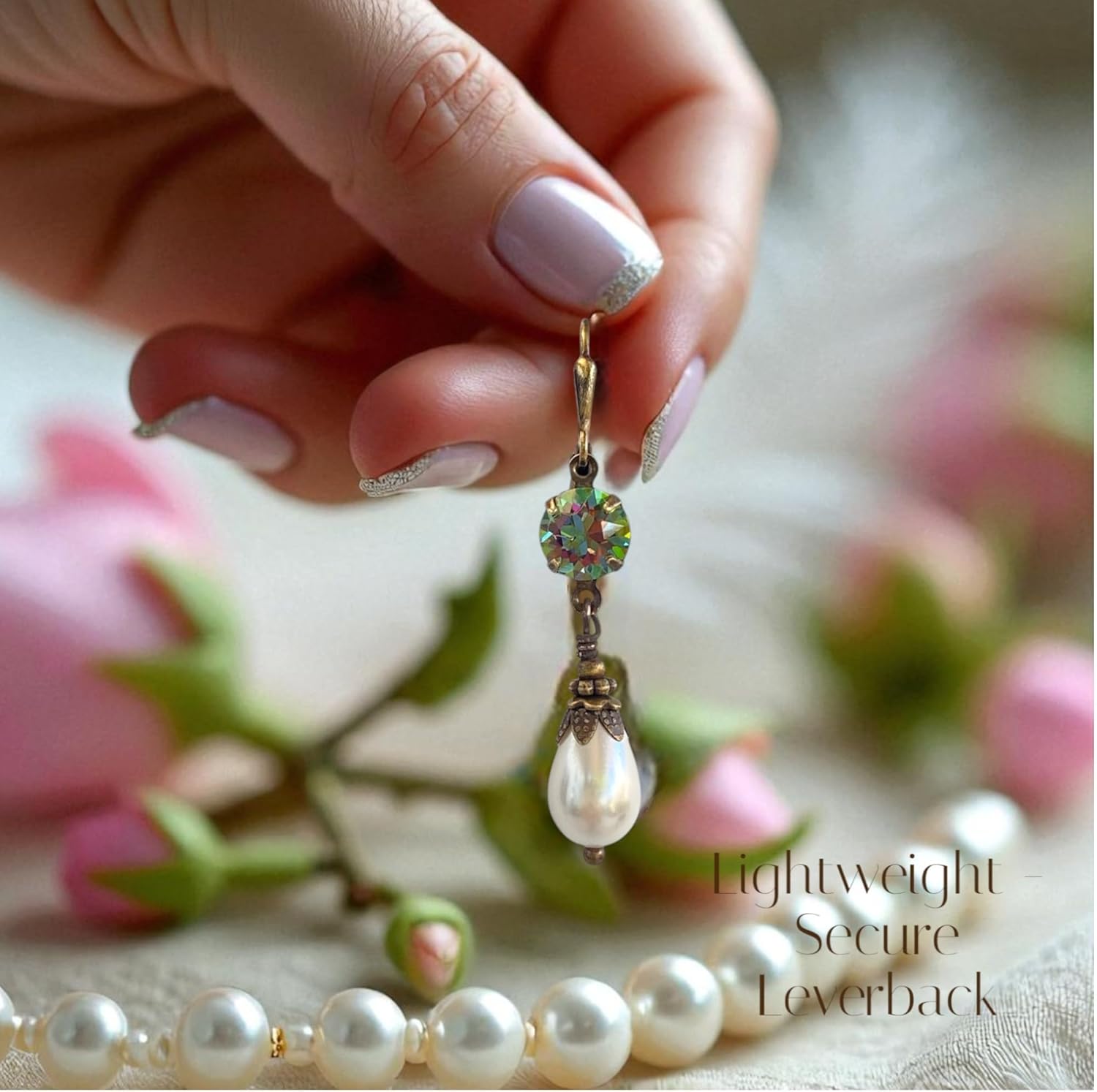 Vintage Lever back Earrings for Women Simulated Pearl Austrian Crystal Dangle Drop Victorian Antique Inspired - Jewelry Gift for Her