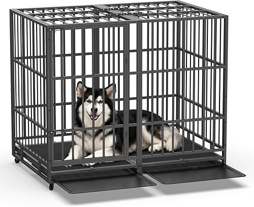 54 Inch Heavy Duty Dog Crate, Indestructible Escape-Proof Dog Kennel for High Anxiety Large Dogs, Strong Metal Pet Cage with Double Doors, Lockable