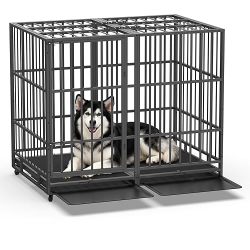 Hiwokk 54 Inch Heavy Duty Dog Crate, Indestructible Escape-Proof Dog Kennel for High Anxiety Large Dogs, Strong Metal Pet Cage with Double Doors, Lockable Wheels & Removable Tray, XL XXL XXXL - X-Large - Heavy Duty -Black
