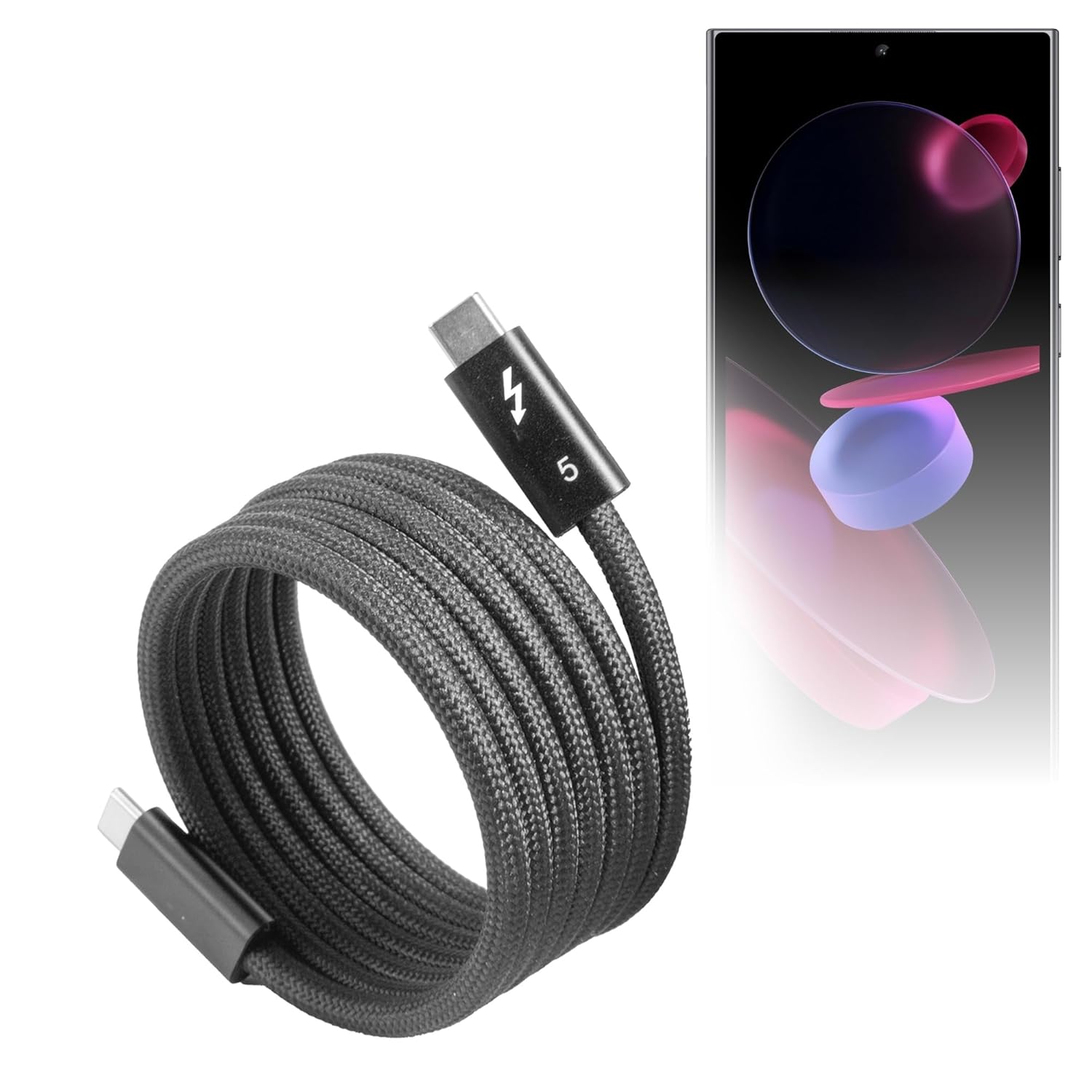 BoxWave Cable Compatible with Oukitel C62 Pro - SnapWrap Thunderbolt 5.0 Cable (5ft 240W), Magnetic Self-Coiling Nylon Braided Retractable - Jet Black