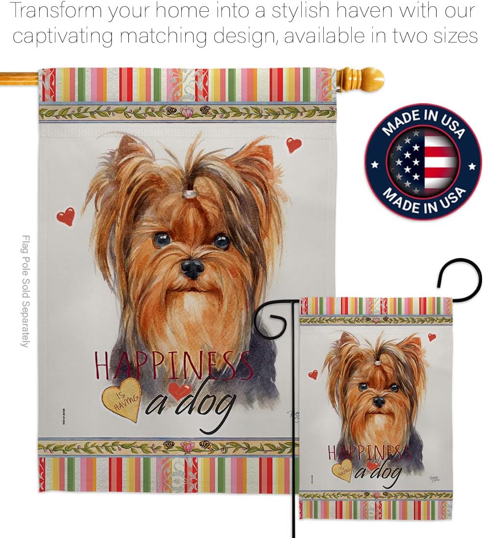 Breeze Decor Yorkie Happiness House Flag Pack Dog Puppy Spoiled Paw Canine Fur Pet Nature Farm Animal Creature Vintage Applique Banner Small Garden Yard Gift Double-Sided, Made in USA