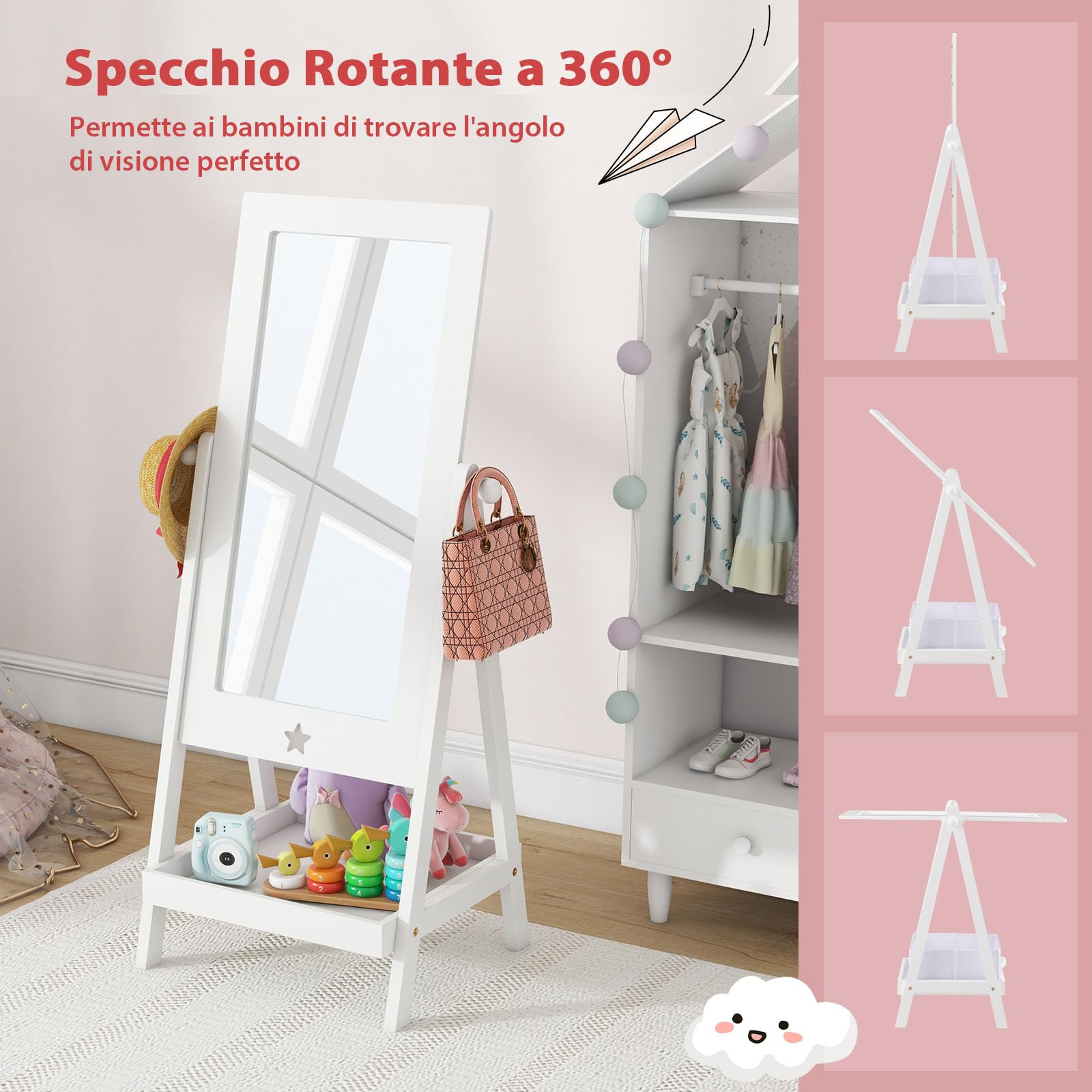 RELAX4LIFE Specchio da Terra Girevole a 360° per Bambini, con Mensola Portaoggetti, Cesto Ripiegabile, 45 x 40 x 112 cm, Bianco