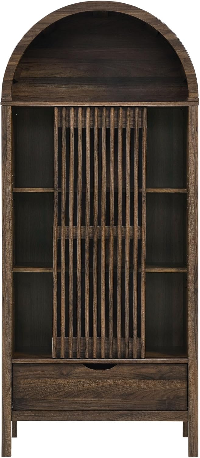 Modway Vaughn 71 Inch Arched Display Cabinet in Walnut - Modern Arch Bookcase with Drawer and Adjustable Shelves - Tall Storage Cabinet for Living Room, Dining Room, Hallway