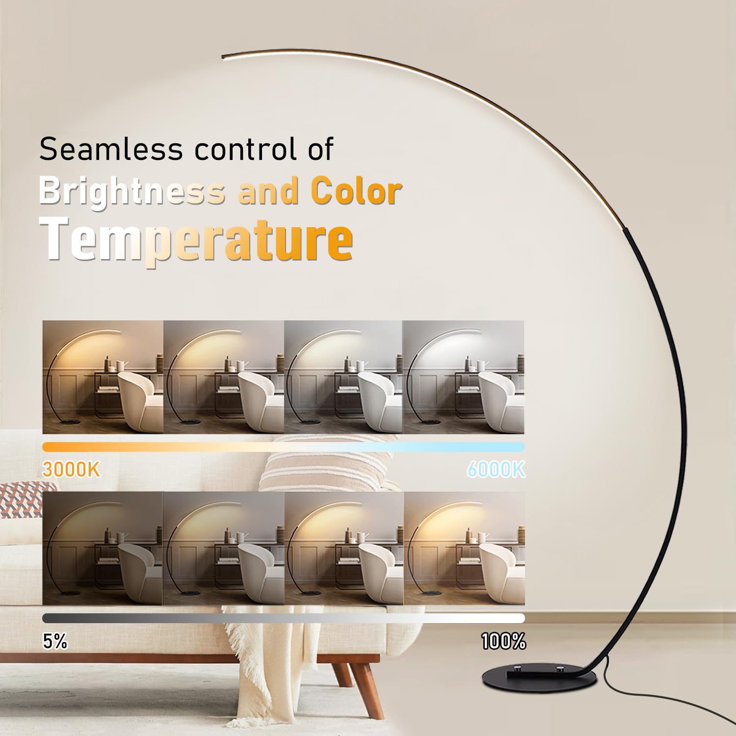 Lampada da Terra ad Arco LED, 25W Dimmerabile Piantana Salotto con Telecomando Magnetico, 2000Lm, Funzione Memoria, Lampada da Lettura Moderna per Soggiorno, Camera da Letto, Ufficio, Nero 165cm