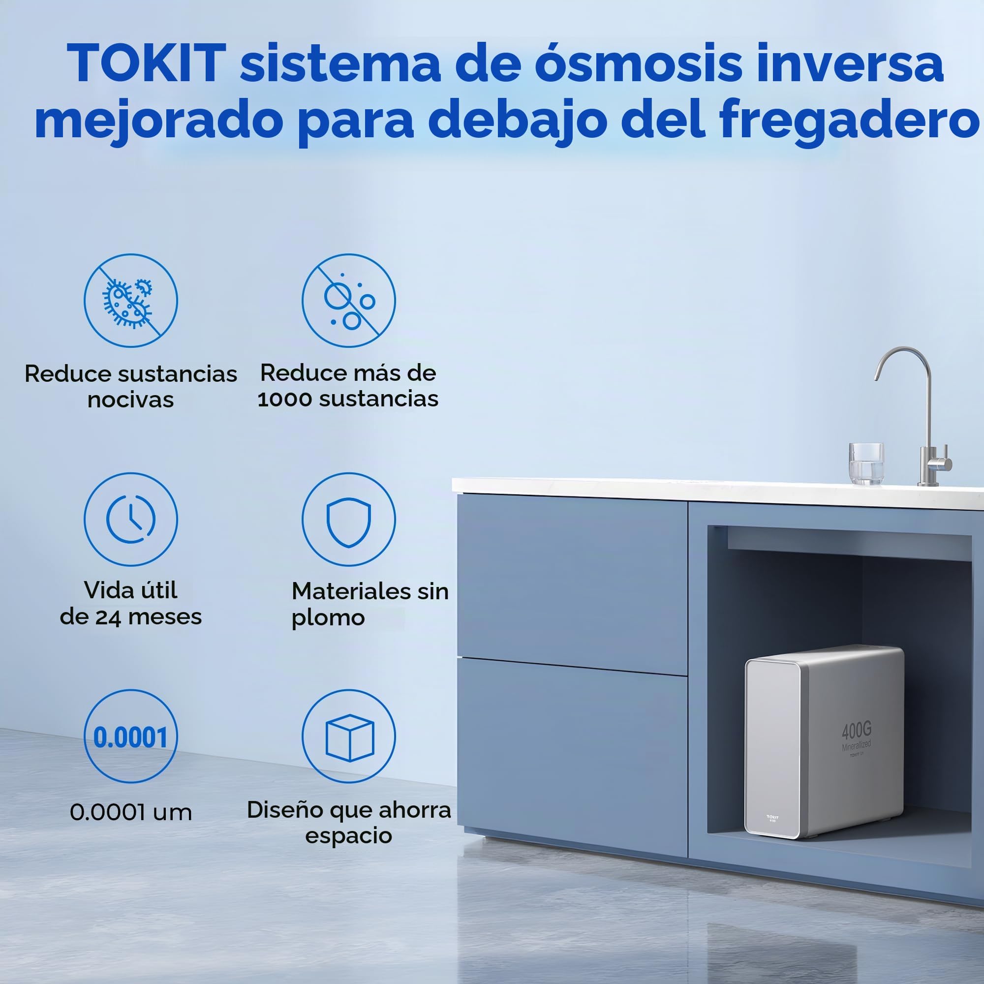 TOKIT Filtro De Agua De Ósmosis Inversa, RO Sistema De Filtración Mineral Bajo Fregadero, Calentador De Agua Instantáneo De 400 GPD, NSF/ANSI 58, 2:1 de Pureza al Drenaje, TDS (U1)