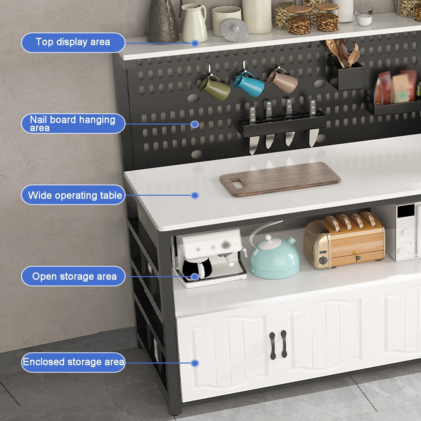 LYGXWJFC Scaffale portaoggetti per Isola Cucina con Pannello Posteriore Traforato e bancone Bar Woody & White 80x40x140 cm