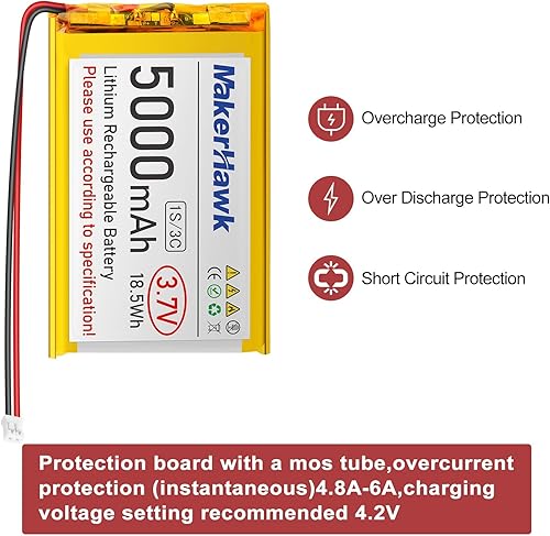Miniatura 6 de MakerHawk Batería LiPo de 3.7 V 5000 mAh recargable 1S 3C baterías de polímero de litio con placa de protección cinta de goma aislada, enchufe PH2.0