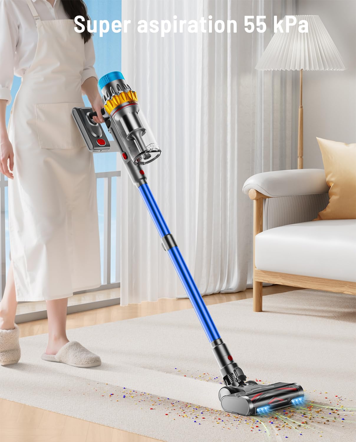 Aspirateur Balai sans Fil, 650W/55KPA/70Min Aspirateur sans Fil Puissant Autoportante/Super1,8L Cup, Écran LED/Brosse Anti-Enchevêtrement/Aspirateur Balai, Sols Durs,Poils d'animaux et Voiture