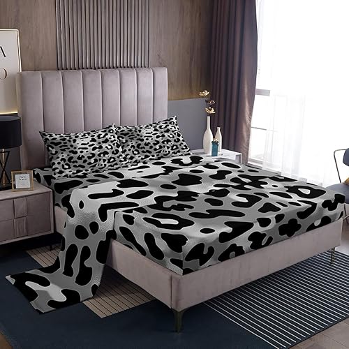 Miniatura 2 de Erosebridal Sábanas de leopardo gris, sábanas con estampado de guepardo, juego de sábanas tamaño individual de teñido anudado gris, sábana bajera