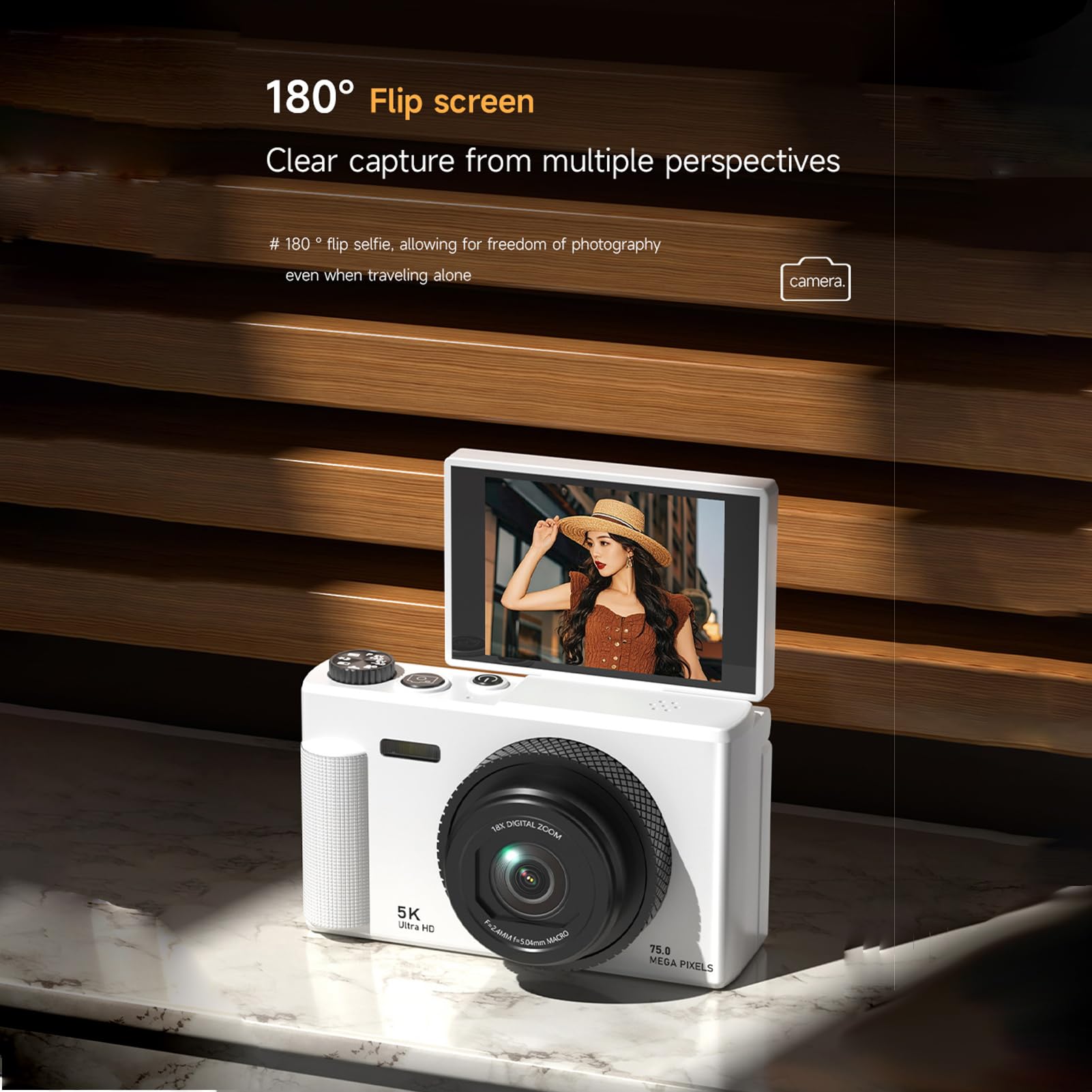 BuyWeek Fotocamera Digitale 5K 75MP, Fotocamera per Vlogging HD con Zoom 18X Autofocus con Schermo Flip 180° 2,8", Selfie, Flash Incorporato, Supporta Schede Fino a 256GB (Bianca)