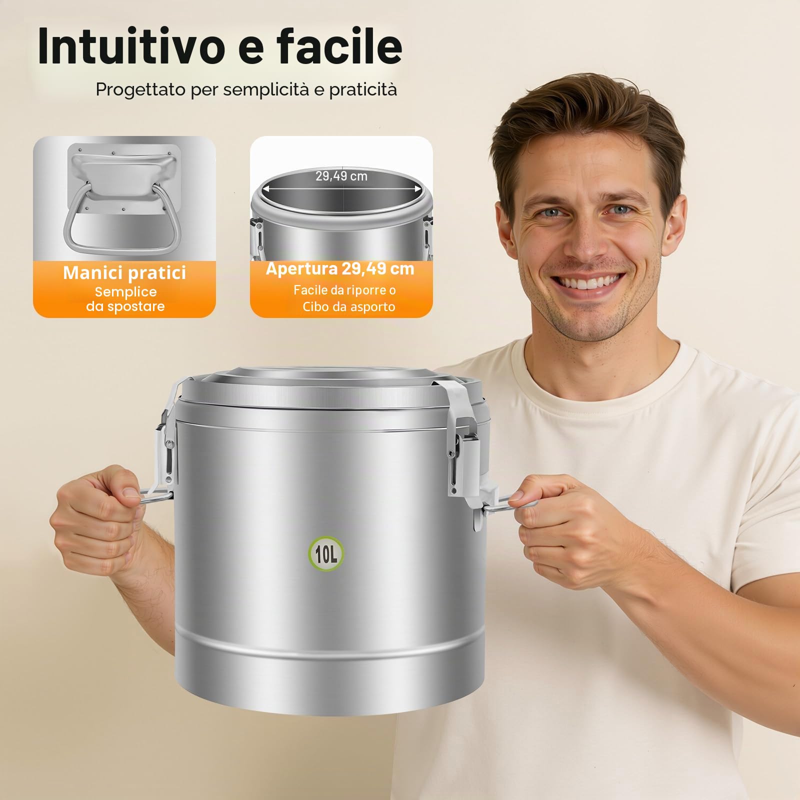 Contenitore termico da 10 l, in acciaio inox, contenitore ermetico per alimenti, isolato, con coperchio e clip di chiusura, trasportatore di zuppa isolato con manici laterali