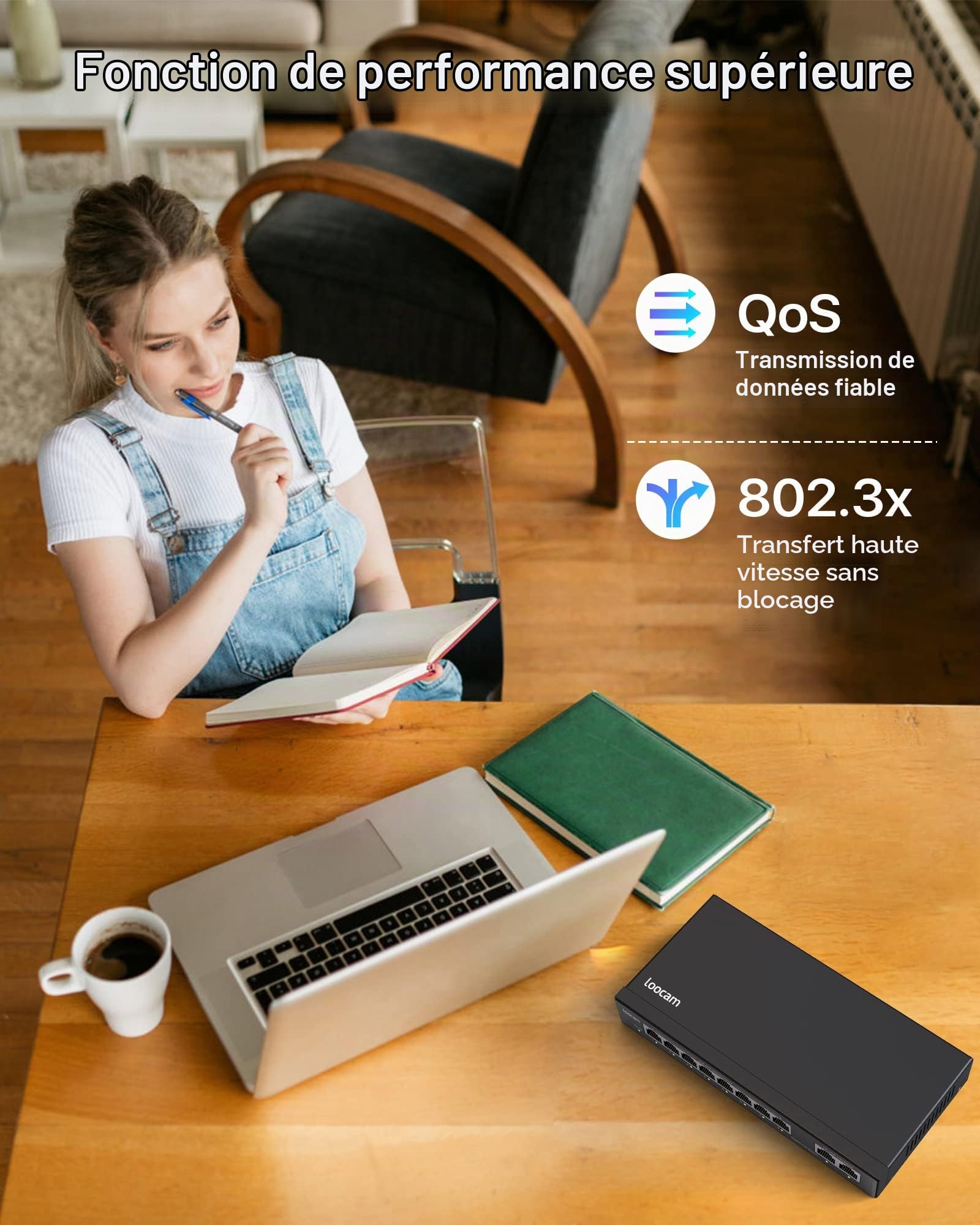 Loocam PoE Switch 8 PoE Gigabit Port avec 2 Gigabit Uplink Port, PoE+ 1000Mbps Ethernet Réseau Switch Non géré, 96W IEEE802.3af/at, Durable Metal Enclosure, Plug & Play