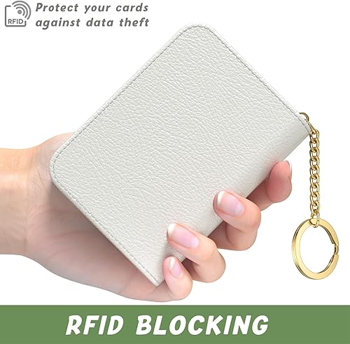 Vista 4 de Tarjetero de crédito para mujer, pequeña cartera RFID delgada de cuero organizador de tarjetas de visita con cremallera y llavero, color blanco
