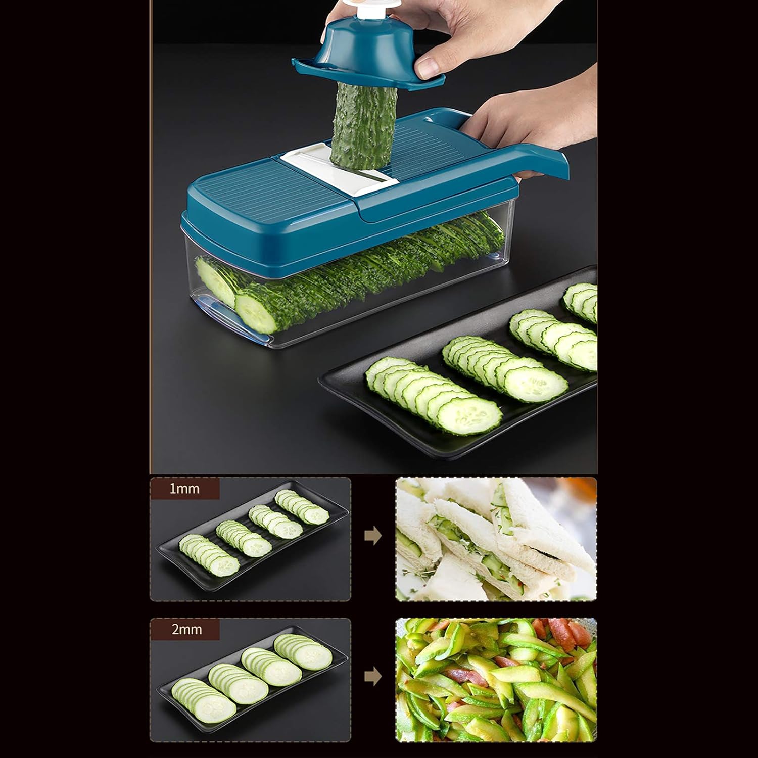 Onion Mincer Chopper Mandolin Slicer for Garlic Fruit Salad Manual Vegetable Chopper Onion Mincer Chopper Multifunctional Dicer Potato Cutter with Container/Peeler/Clean Brush-Blue 28 x 10 x 10 cm