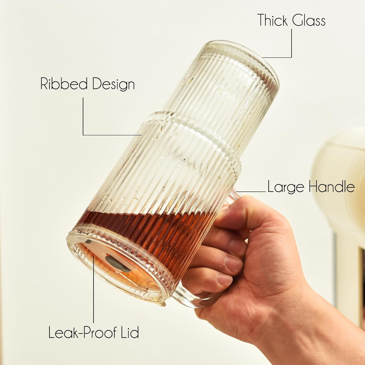 ALINK 26 oz Ribbed Glass Tumbler with Handle Lid and Straw, 2 Pack Ripple Large Iced Coffee Cups with Straws, Aesthetic Glass Travel Tumbler for Hot & Cold Beverages, Smoothies, Tea and Juice - Clear - Image 5