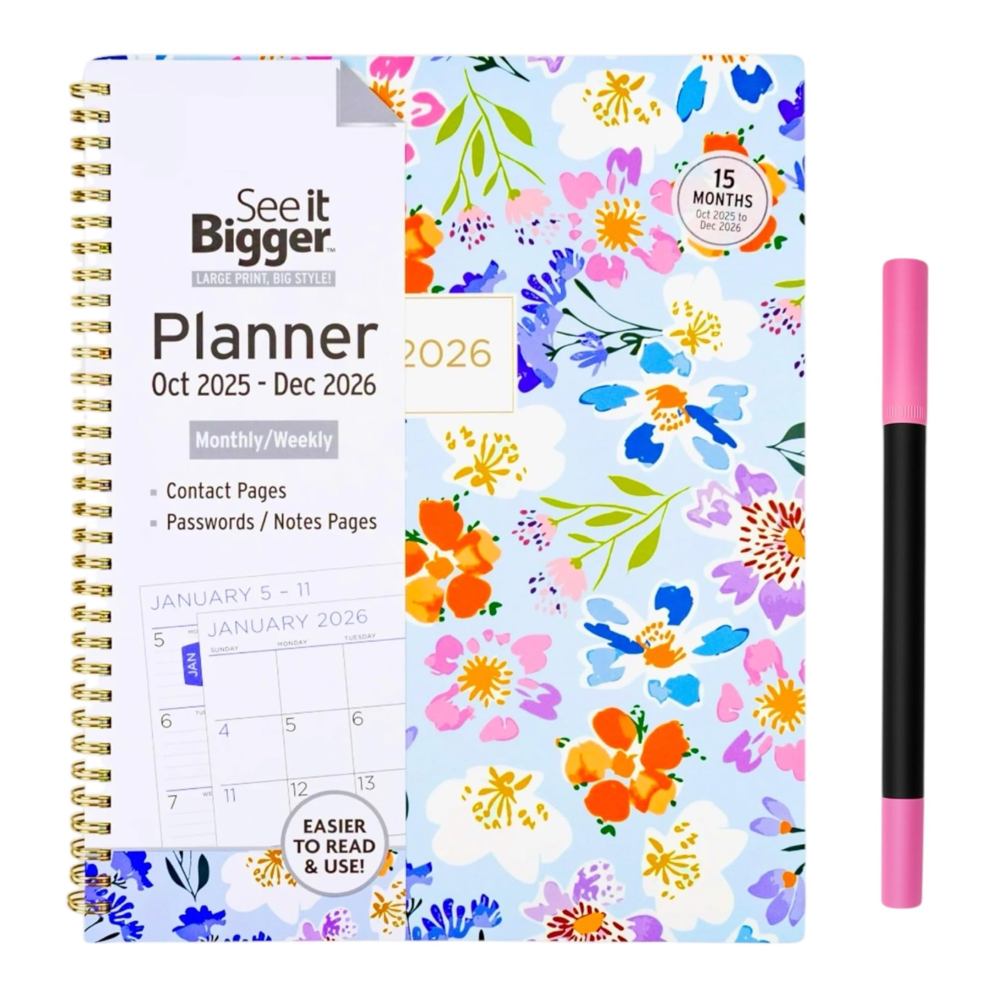 PlanAhead See IT Bigger October 2025 - December 2026 Monthly/Weekly Large Planner 8.5" x 11"and SUHEYLA Twin Fluorescence Pen (Choose Pen Color)