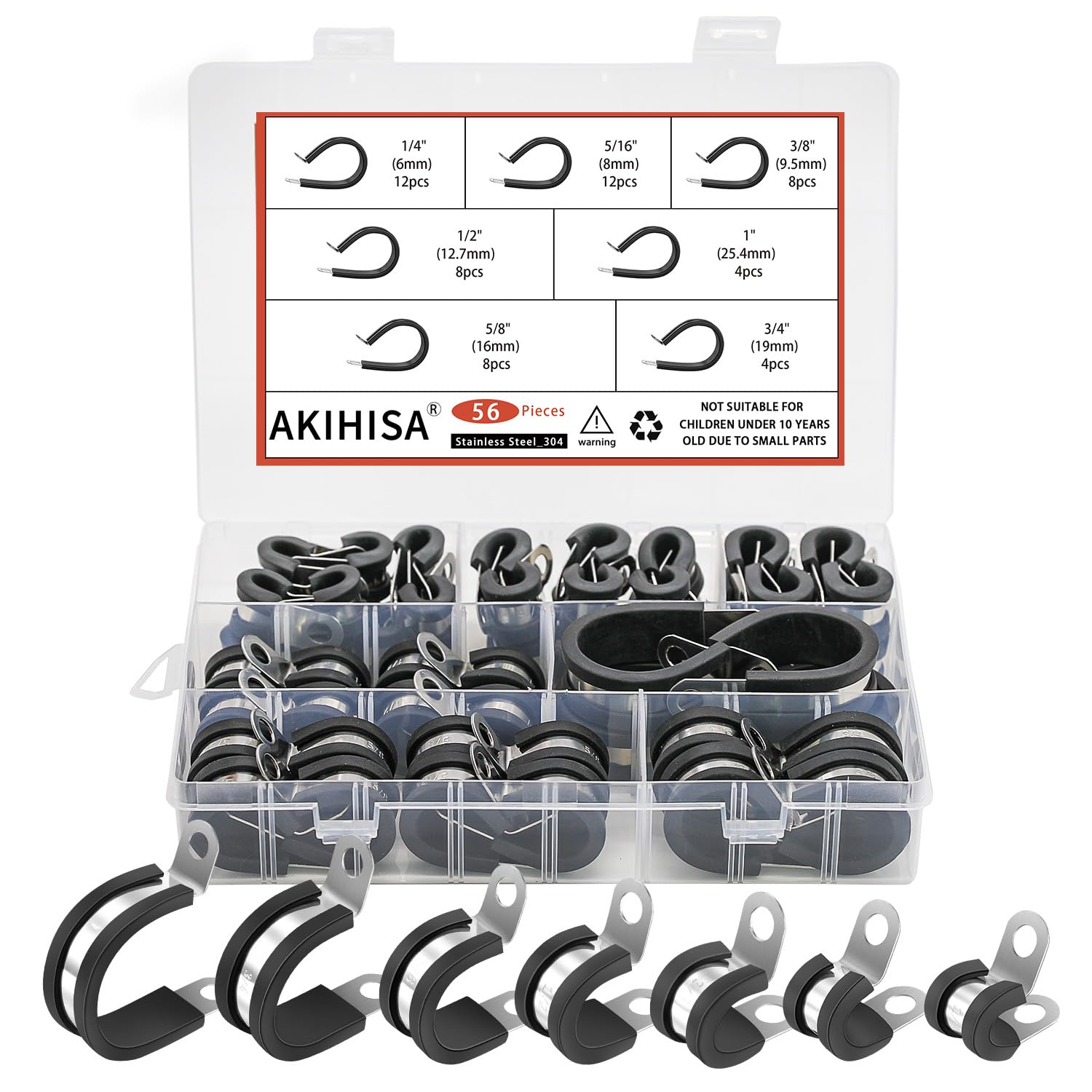 AKIHISA 56Pcs 1/4"-1" 7Sizes Kit Cable Clamps Kit, 304 Stainless Steel Conduit Clamps, for Cable, Pipe, Hose, Fuel Line, Metal Wire Cord Installation