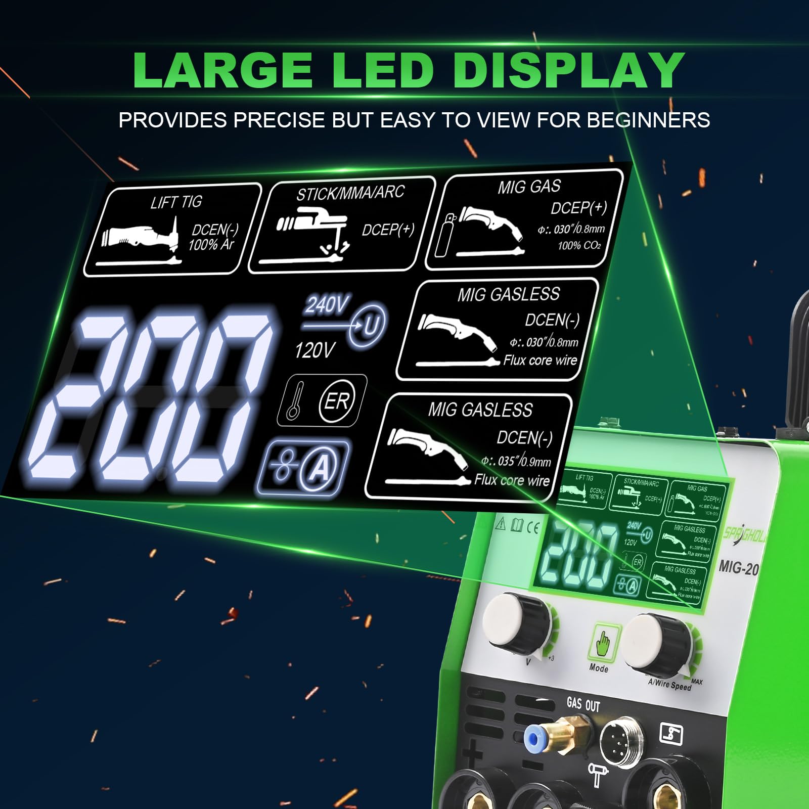 200A 240V 5-in-1 Schweißgerät: MIG/MAG, Fülldraht ohne Gas, MMA, Lift TIG – kompatibel mit Spool-Gun, synergische Steuerung, IGBT-Inverter, LED-Display – für Profis und Heimwerker
