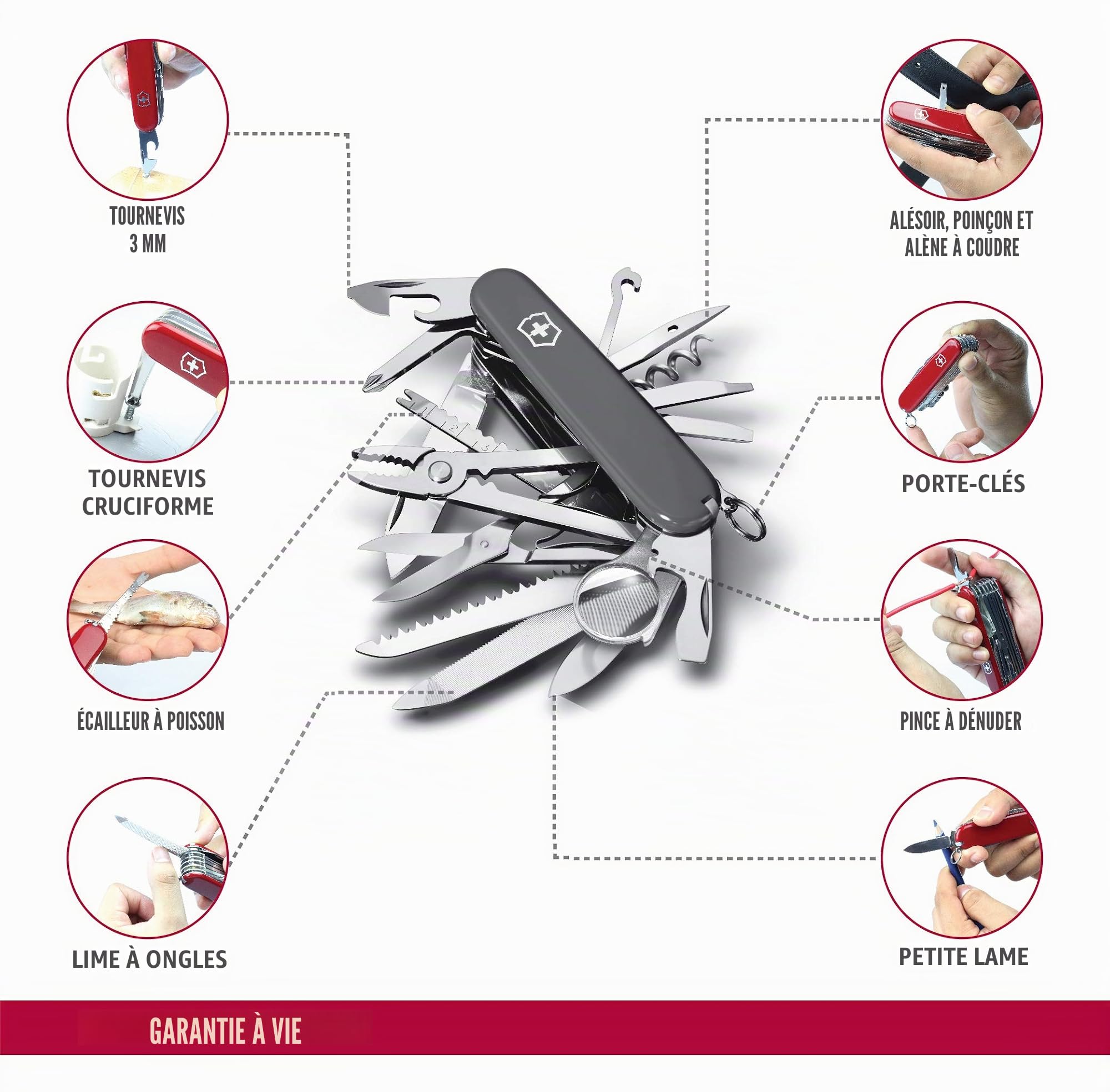 Victorinox Swiss Champ Couteau de Poche Suisse, Léger, Multitool, 33 Fonctions, Lame, Ciseaux, Tire Bouchon, Noir & Etui cuir pour Couteau Suisse, rouge