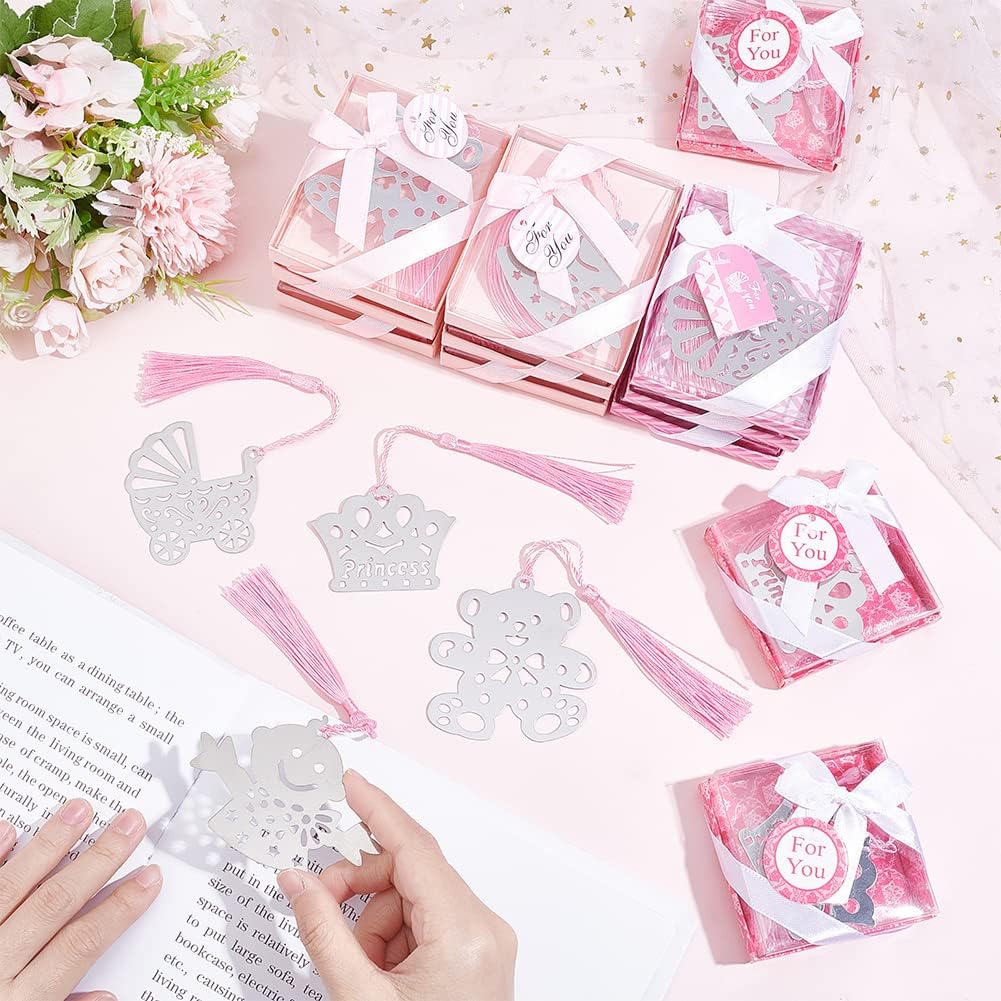 CHGCRAFT 20Pcs 4 Styles Metal Bookmark with Tassel Party Favor Bookmarks Gift Box Bookmark Supplies for Guest Gifts Birthday Wedding Bookworm Book Lovers Student, Length 170~204mm, Pearl Pink