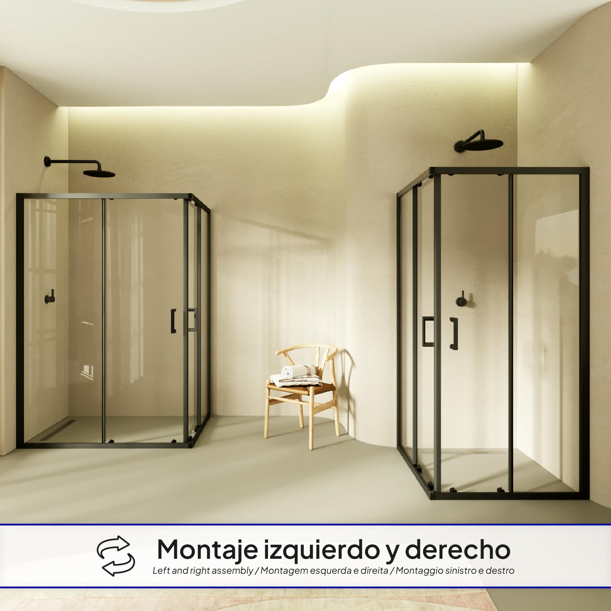 Mampara de Ducha Diana 70x70x180cm, REVERSIBLE, Puertas Correderas, Ajuste 67.5-69.5x67.5-69.5cm, Perfiles Negros, Cristal Templado Transparente 6mm