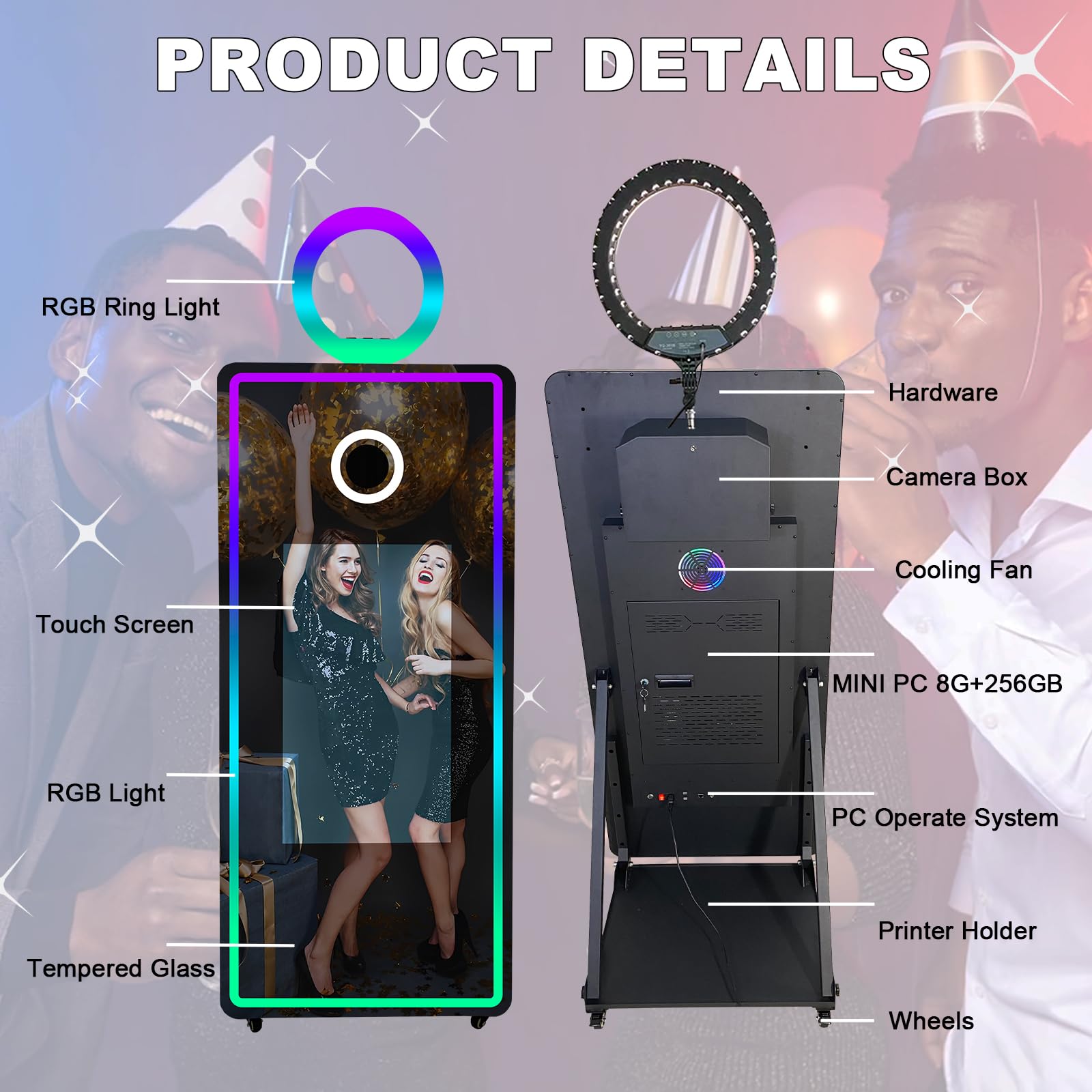 Magic Mirror Photo Booth z ekranem dotykowym 81.3 cm, ekran dotykowy z lustrzaną fotobudką z ramką LED i pierścieniem świetlnym RGB, 165 cm urządzenie do fotobudki do selfie na imprezy imprezowe (165
