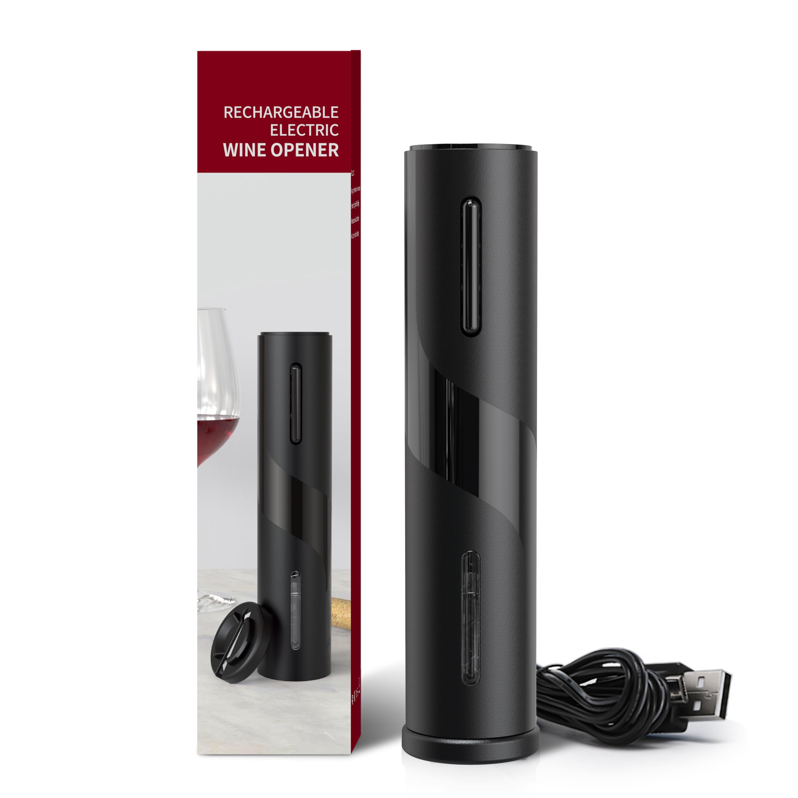Sacacorchos Eléctrico Recargable, Abrebotellas Automático Inalámbrico, Abridor de Vino Automático Profesional con Cortacápsulas y Cable USB, Regalo para Amantes del Vino, Negro