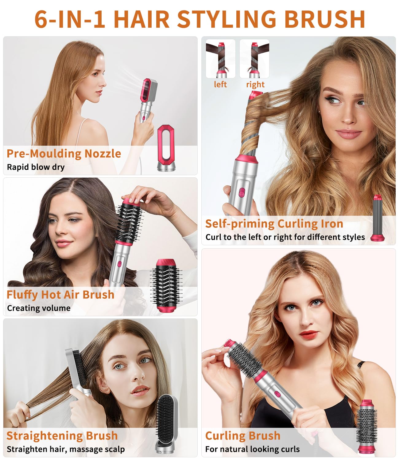 Cepillo Secador de Pelo Air Styler 6 en 1,Secador de Pelo Profesional de 1000W,Tecnología Iónica,Moldeador de Pelo, Automático de Rizado de Aire, Hair Styler para Todos Los Peinados