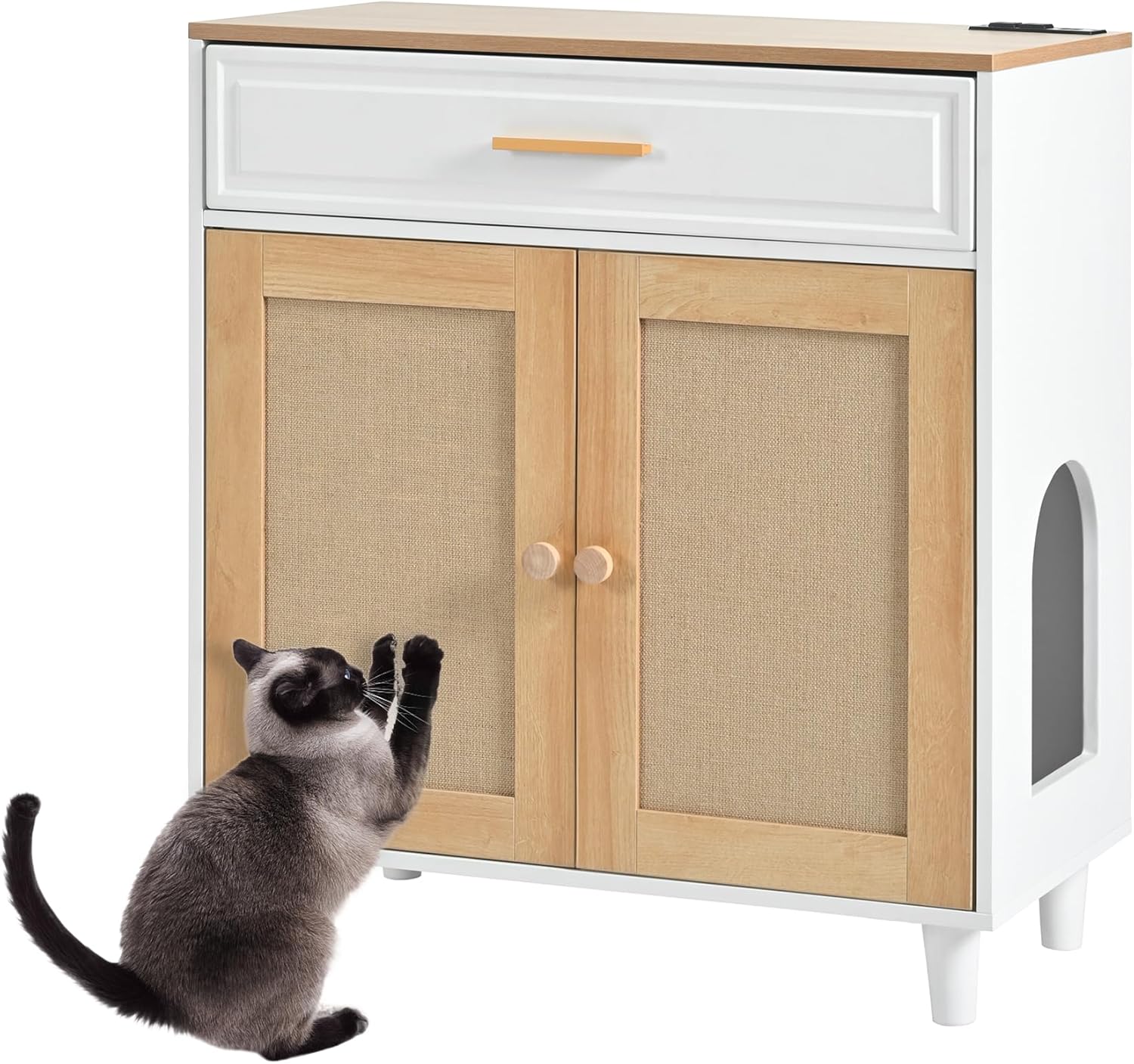 Cat Litter Box Enclosure, Dog Proof Hidden Litter Box Furniture with Charging Station, Cat Washroom Cabinet with Storage Drawer, Large Indoor Pet House with Scrathing Door, Beige White