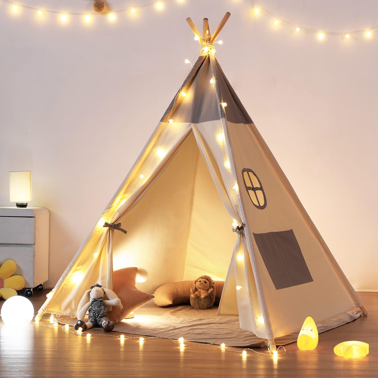 besrey Toddler Tipi Tent，Teepee Tent for Kid，Teepee Kids Tent, Kids Teepee indoor with Mat and Lights, Play tent Cotton Indoor Playhouse for Toddler