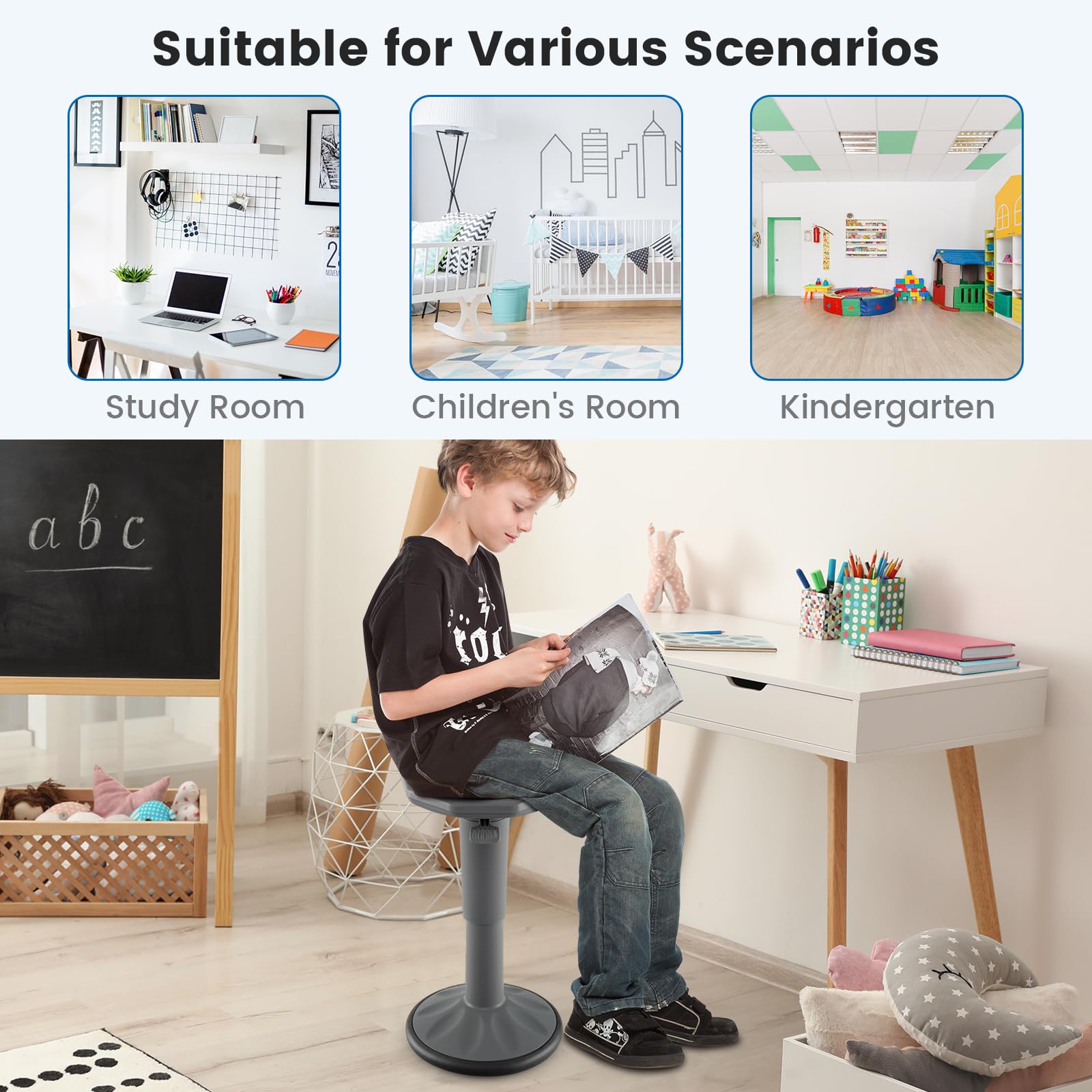 Kids Adjustable Wobble Stool - 16.5" To 24" Active Learning Seat For Classroom, ADHD Focus & Posture